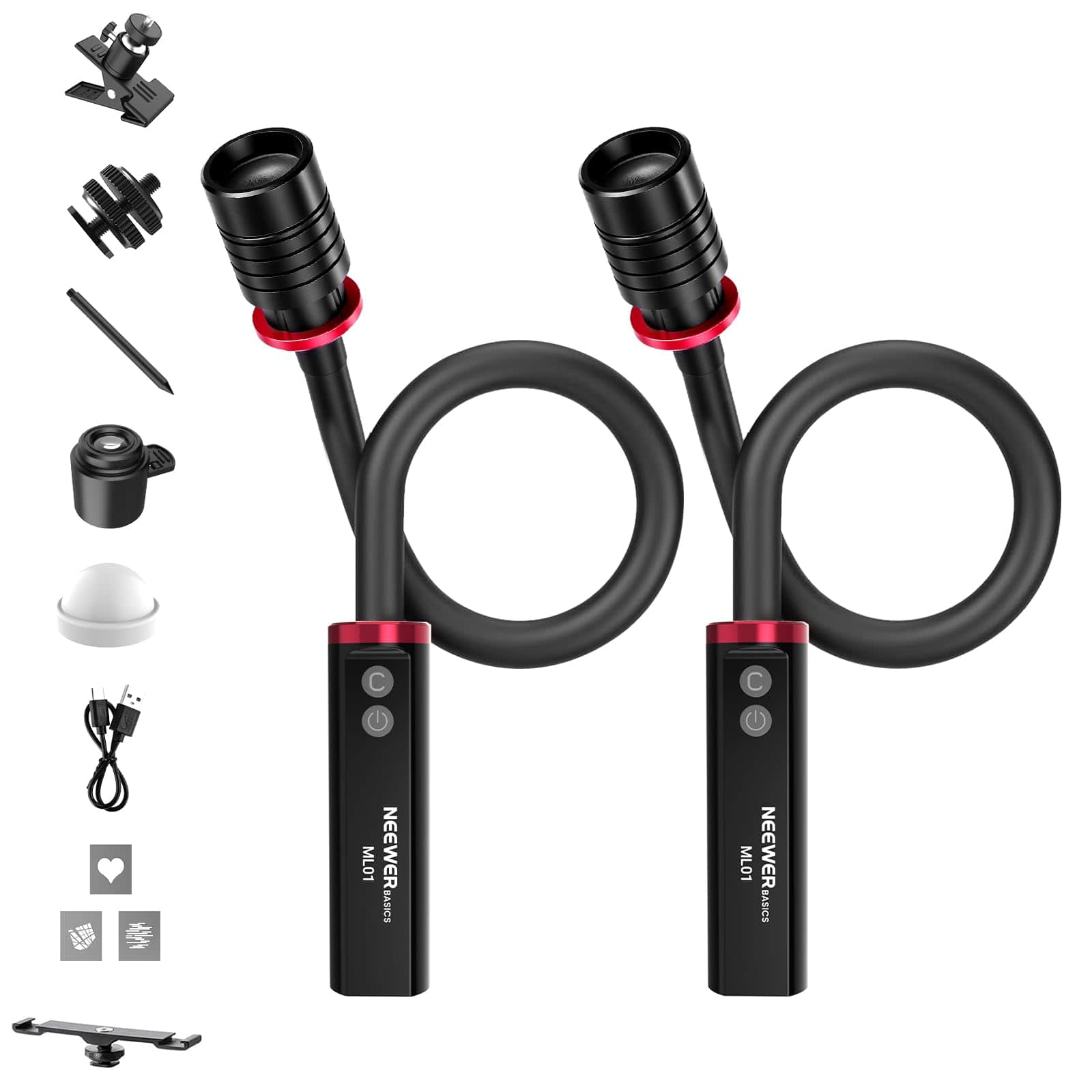 Neewer - BASICS 2-Pack ML01 4W Macro LED Lights, USB-C, CRI95, 3100lux, 2500mAh, Cold Shoe