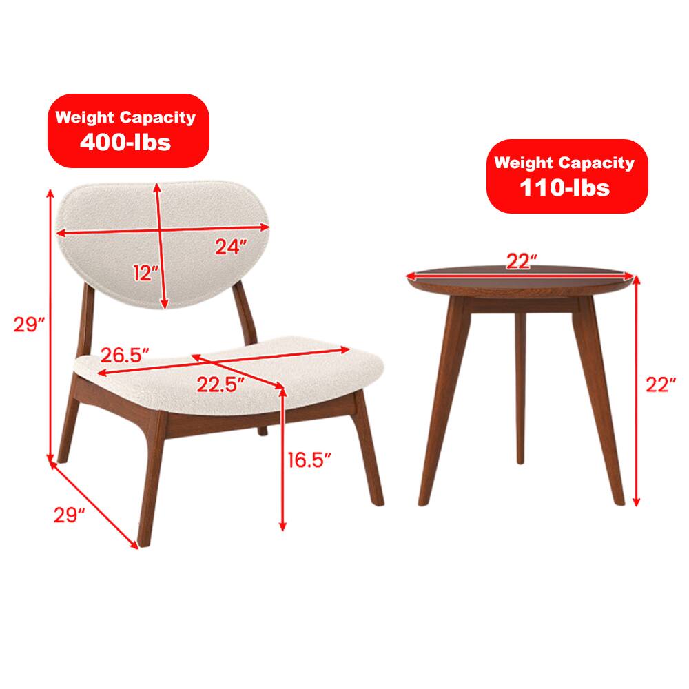 Weight Capacity: 400-lbs  
Dimensions: 29" (height) x 26.5" (width) x 22.5" (depth) x 12" (seat height) x 24" (seat width)

Weight Capacity: 110-lbs  
Dimensions: 22" (diameter) x 22" (height)