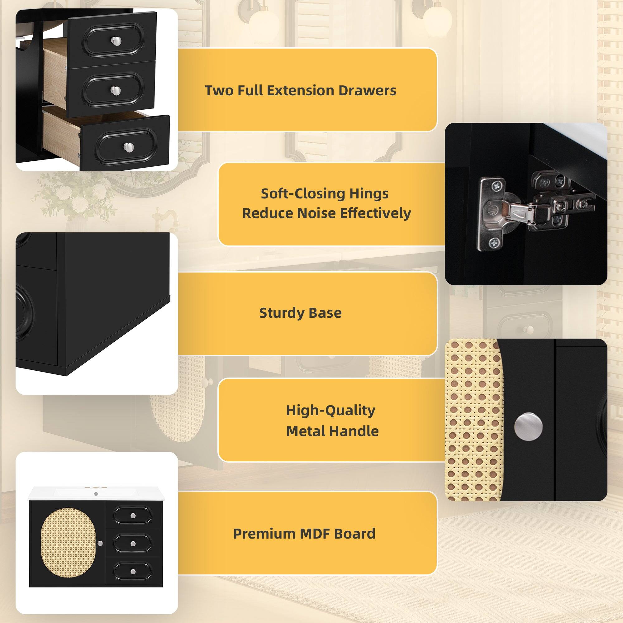 Two Full Extension Drawers  
Soft-Closing Hinges Reduce Noise Effectively  
Sturdy Base  
High-Quality Metal Handle  
Premium MDF Board