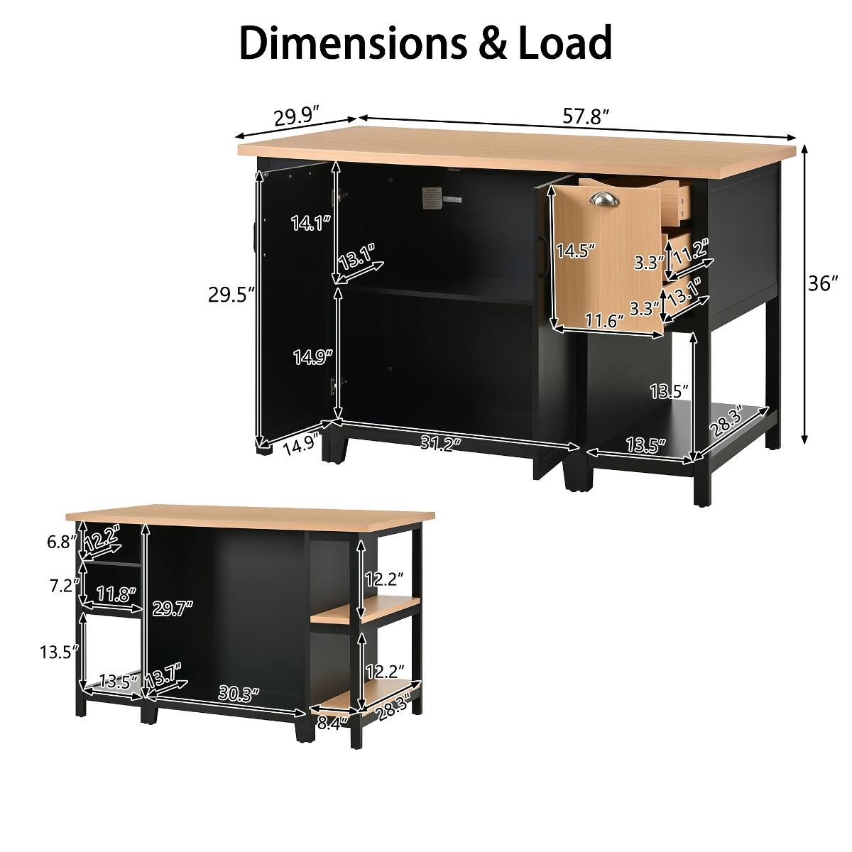 Dimensions & Load

- 29.9"
- 57.8"
- 14.1" 13.1" 29.5" 14.9" 14.9"
- 31.2"
- 14.5" 11.2" 3.3" 3.3" 13.1" 11.6" 13.5" 13.5 28.3"
- 36"
- 6.8" 12.2" 7.2 11.8 29.7"
- 12.2"
- 13.5" 13.5d 13.7" 30.3"
- 12.2" 8.4" 28.3m