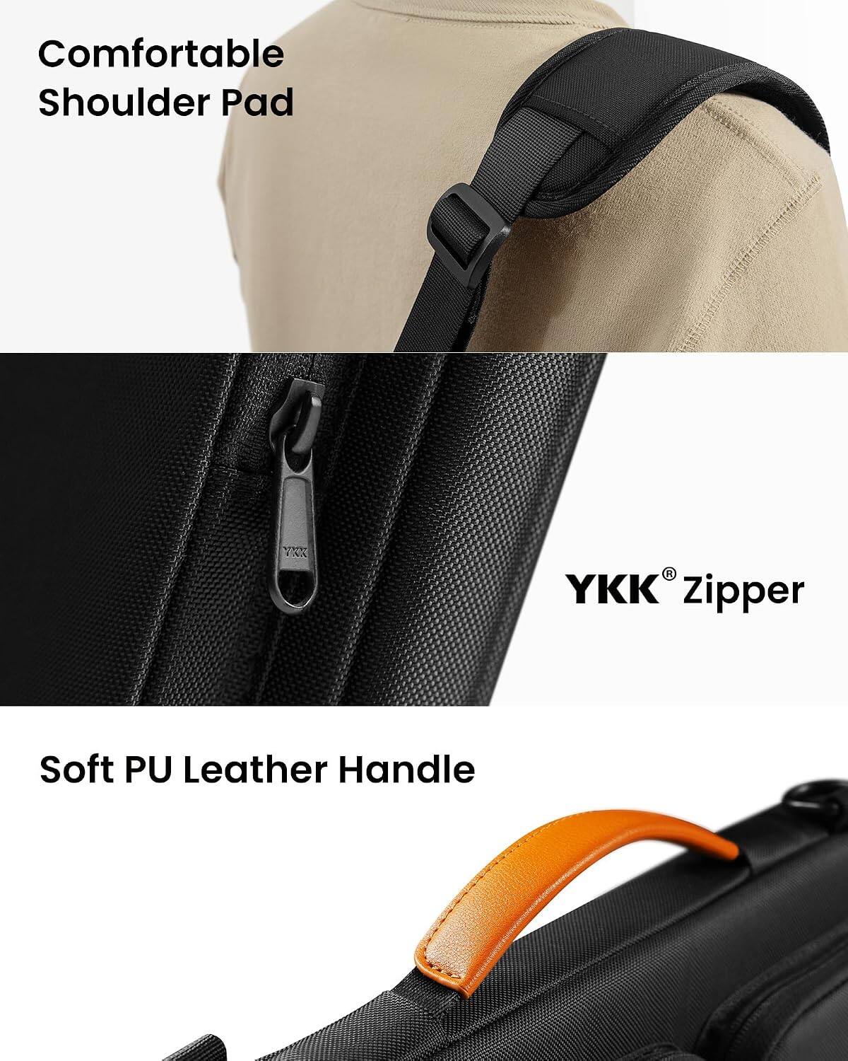 Comfortable Shoulder Pad

YKK® Zipper

Soft PU Leather Handle