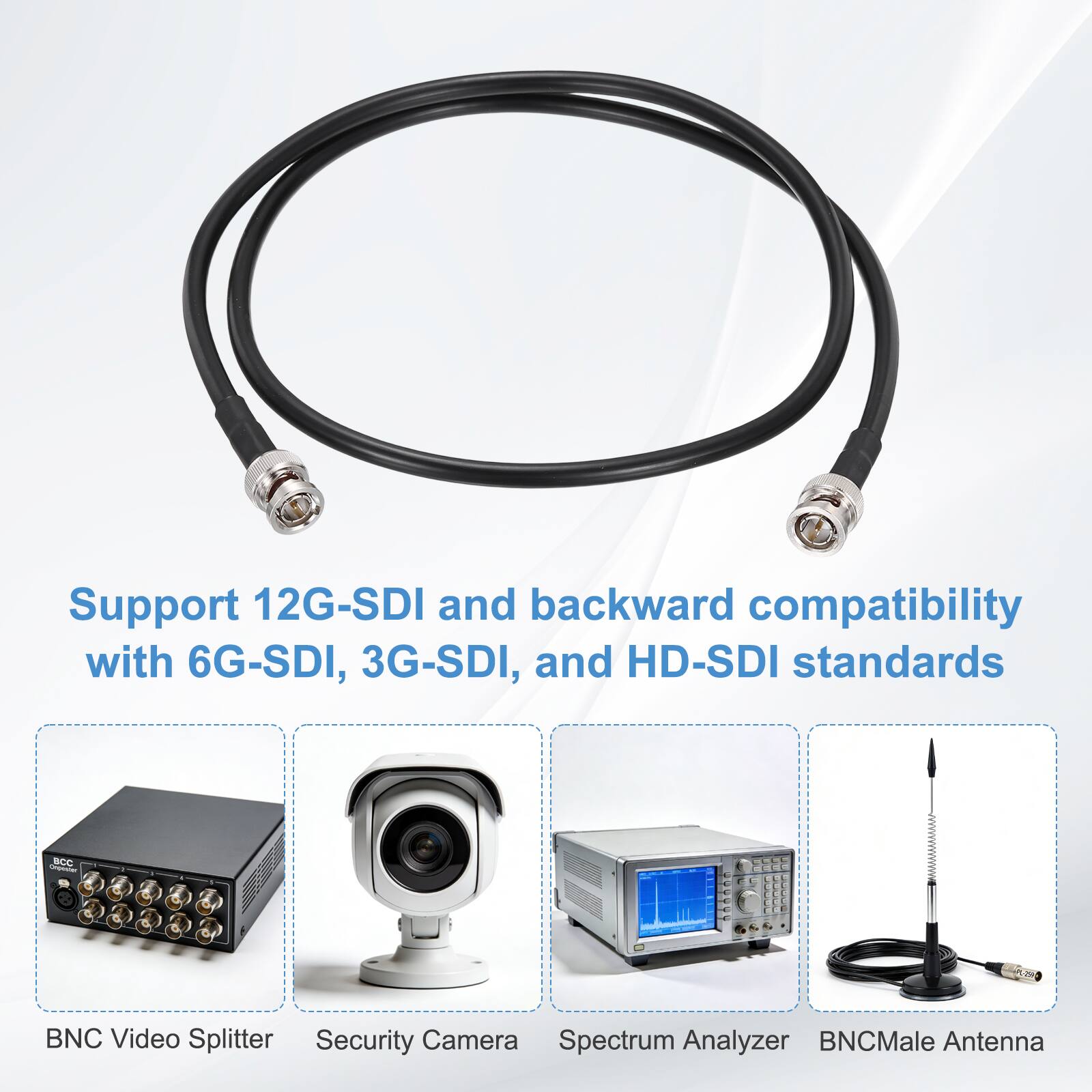 Support 12G-SDI and backward compatibility with 6G-SDI, 3G-SDI, and HD-SDI standards

BNC Video Splitter  
Security Camera  
Spectrum Analyzer  
BNC Male Antenna