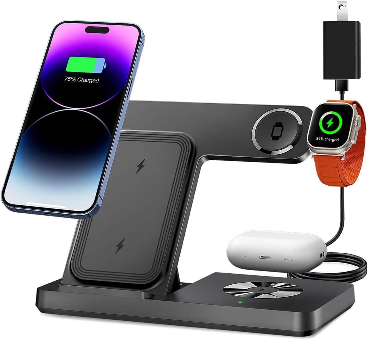 SKRAN - 15W Wireless Charger 3-In-1 Wireless Stand - Fast Charging Dock Compatible With iPhone 17, Apple Watch Ultra, AirPods - Black