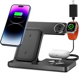 SKRAN - 15W Wireless Charger 3-In-1 Wireless Stand - Fast Charging Dock Compatible With iPhone 17, Apple Watch Ultra, AirPods - Black