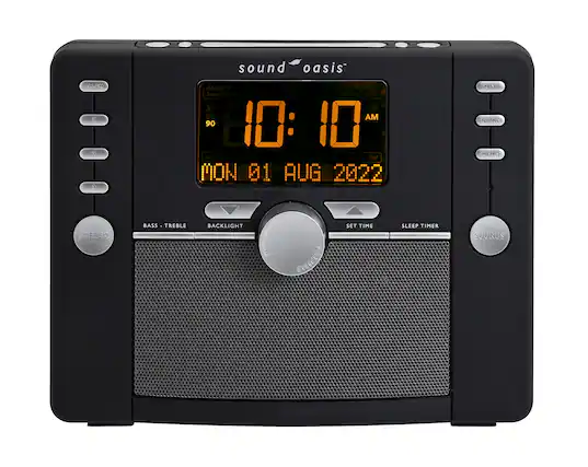 ARTSM 1
sound oasis
Alarm 1
STEEP Ae
Sound Radio
30 PM 60 AM 90
10:10
Sea Gulls Thunder Sound Mix
Loons Off
MON 01 AUG 2022
MAX ENHANCE
MEMO
STEREO
BASS - TREBLE
BACKLIGHT
SET TIME
SLEEP TIMER
SOUNDS