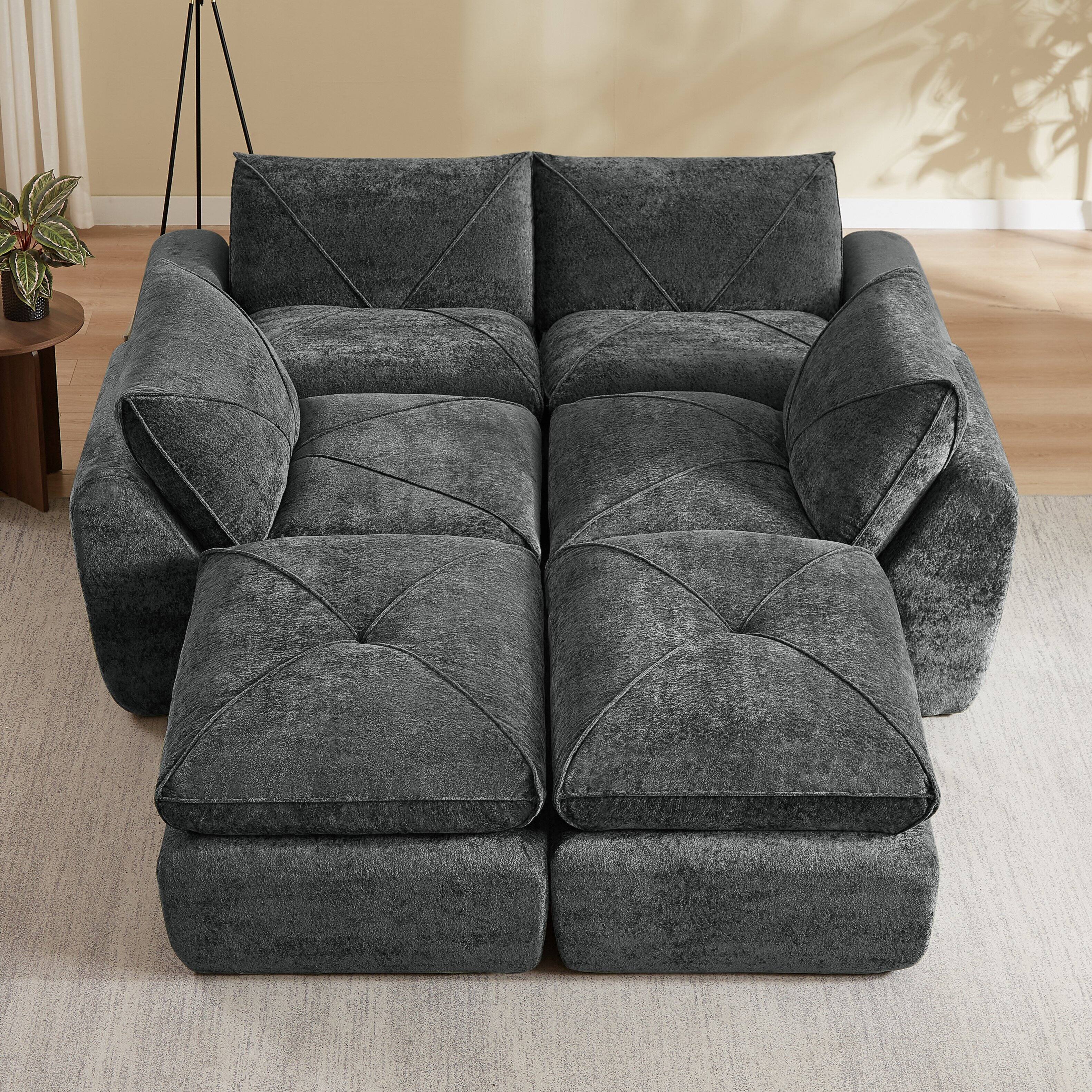 Alt View 1. Loheer - Loheer Modern Minimalist Chenille Sectional Sofa Oversized Modular Couch with Ottoman for Large Living Rooms - Dark Gray.