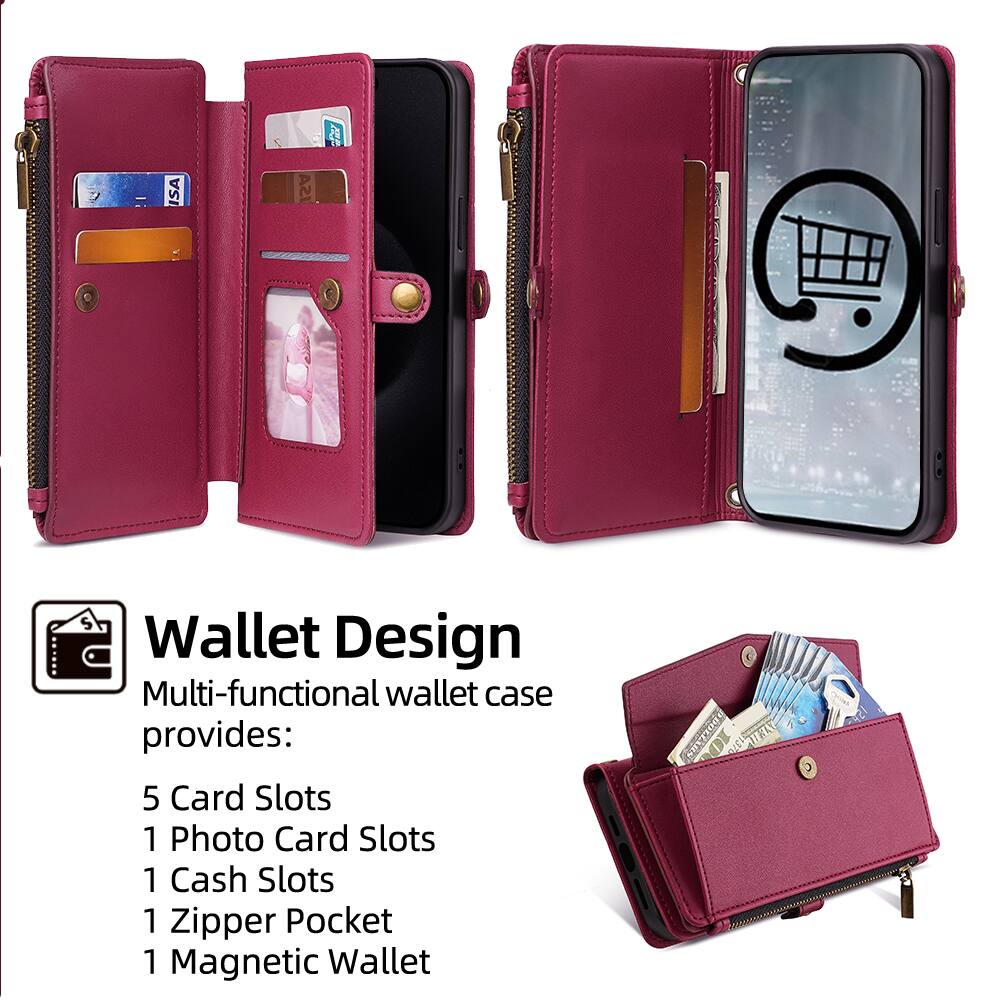 5 ISA Wallet Design Multi-functional wallet case provides: 5 Card Slots 1 Photo Card Slots 1 Cash Slots 1 Zipper Pocket 1 Magnetic Wallet
