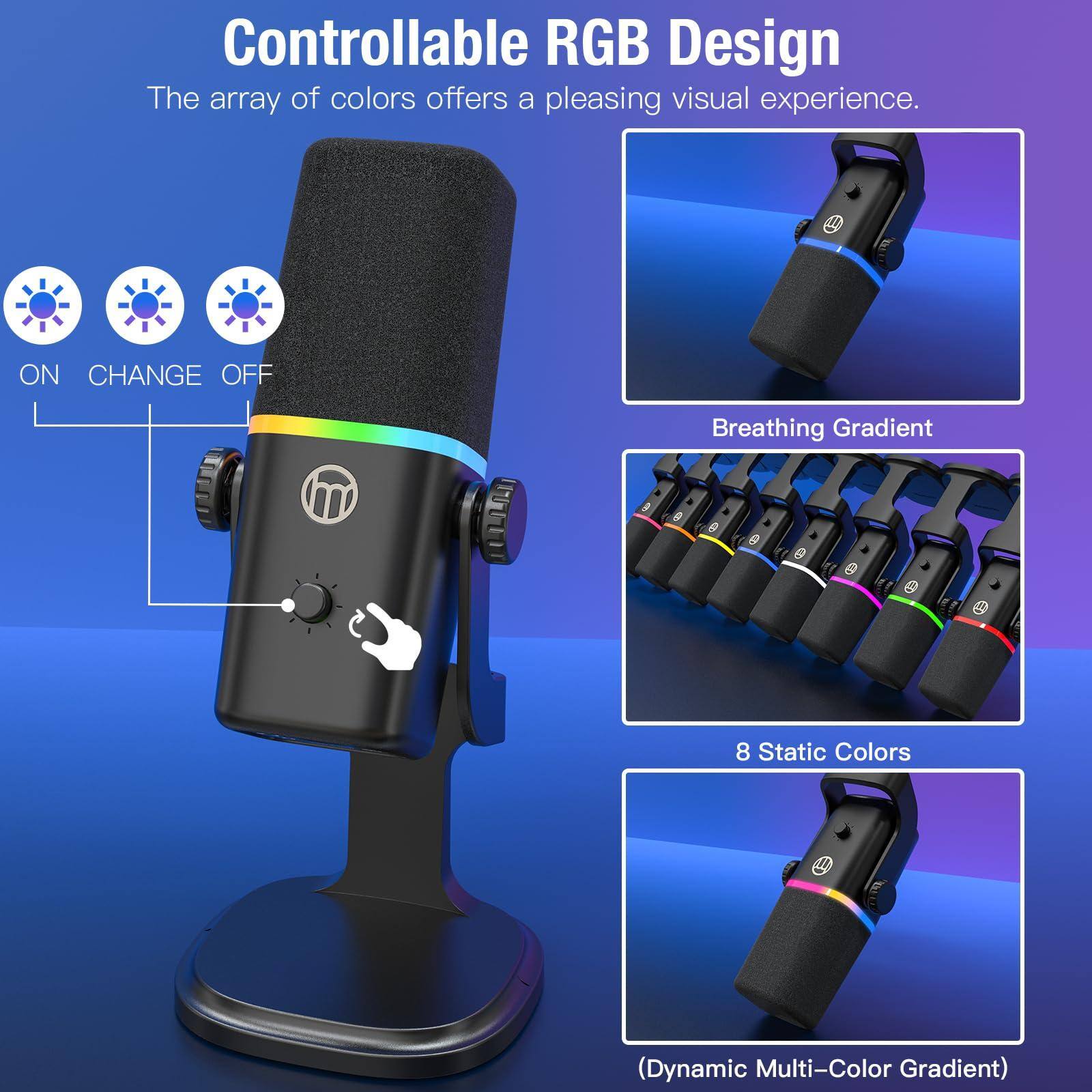 Controllable RGB Design  
The array of colors offers a pleasing visual experience.  

ON CHANGE OFF  

Breathing Gradient  

8 Static Colors  

(Dynamic Multi-Color Gradient)