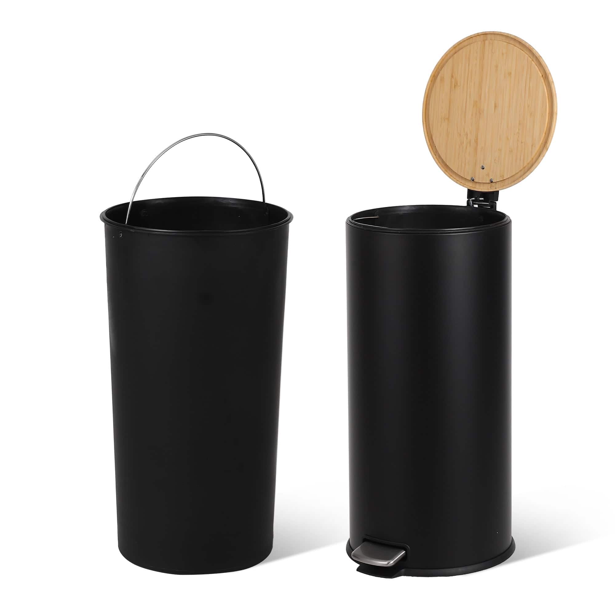 Homhougo - 8 Gallon Stainless Steel Kitchen Trash Can, Foot Pedal with Bamboo Lid, Perfect for Kitchen, Bathroom, Office, Bedroom - Black