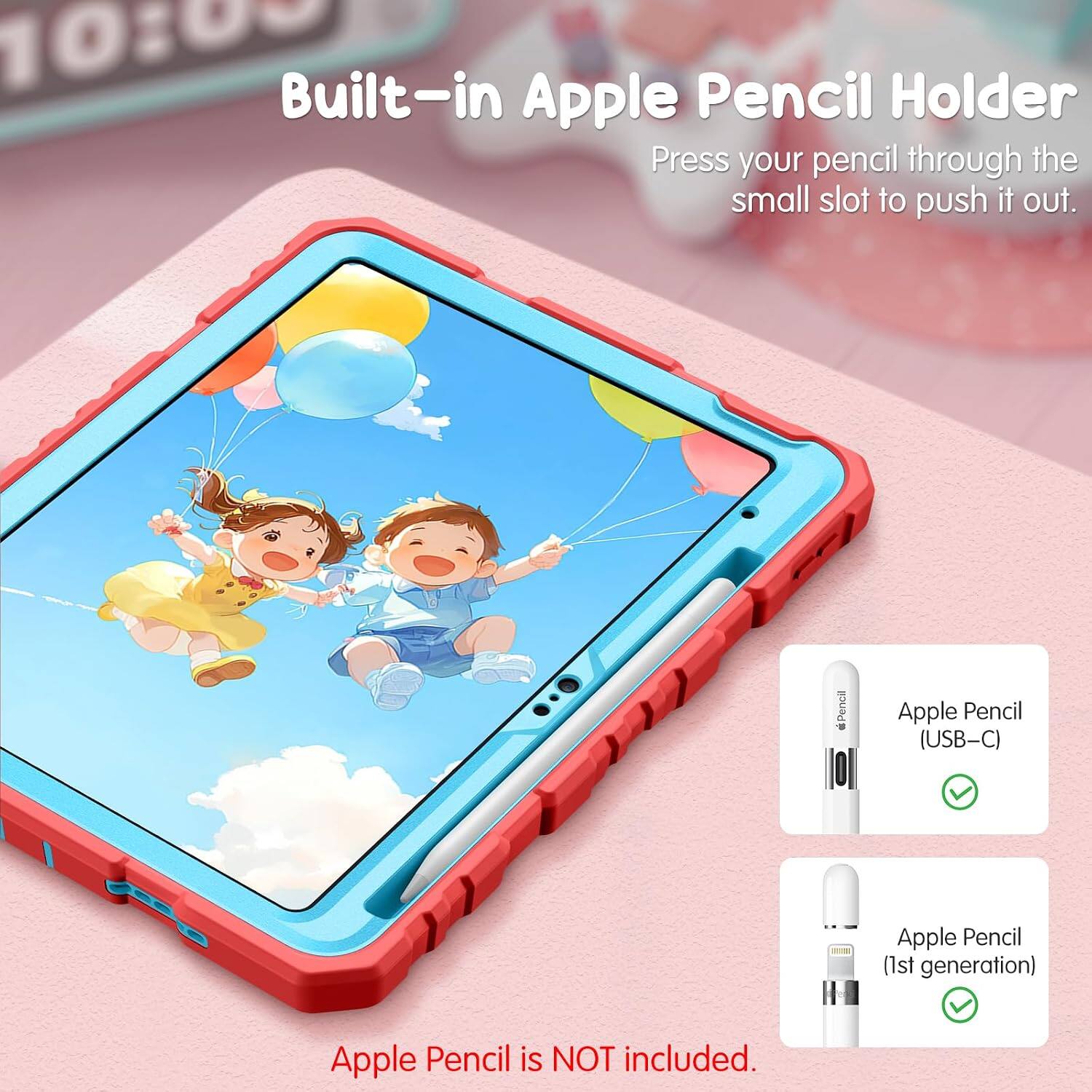 10:00 Built-in Apple Pencil Holder  
Press your pencil through the small slot to push it out.  

Apple Pencil (USB-C)  
Apple Pencil (1st generation)  

Apple Pencil is NOT included.