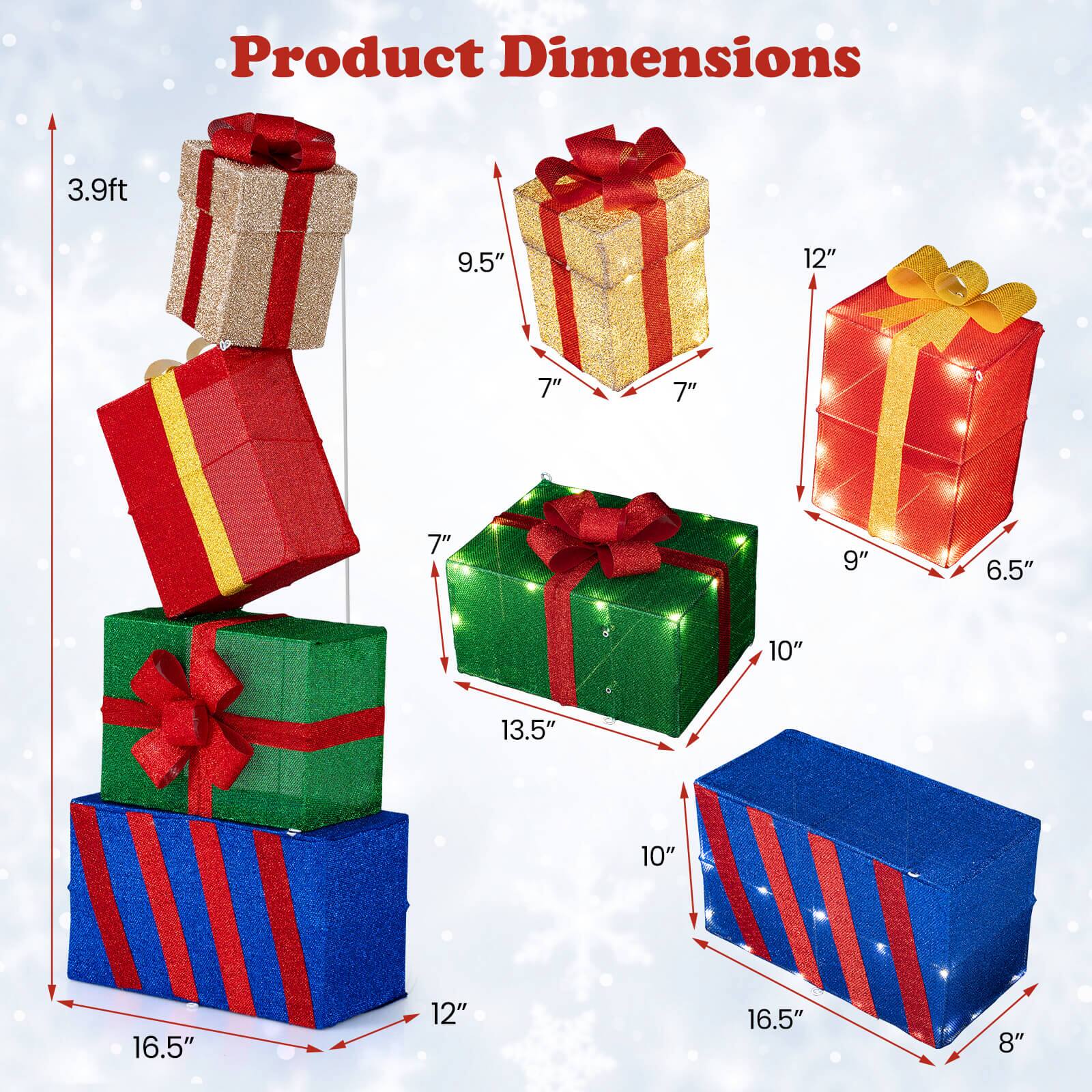 Product Dimensions

- 3.9ft
- 9.5" x 7" x 7"
- 12" x 9" x 6.5"
- 13.5" x 10" x 7"
- 16.5" x 12" x 8"