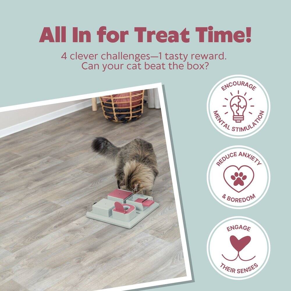 All In for Treat Time!  
4 clever challenges—1 tasty reward.  
Can your cat beat the box?  

ENCOURAGE MENTAL STIMULATION  
REDUCE ANXIETY & BOREDOM  
ENGAGE THEIR SENSES