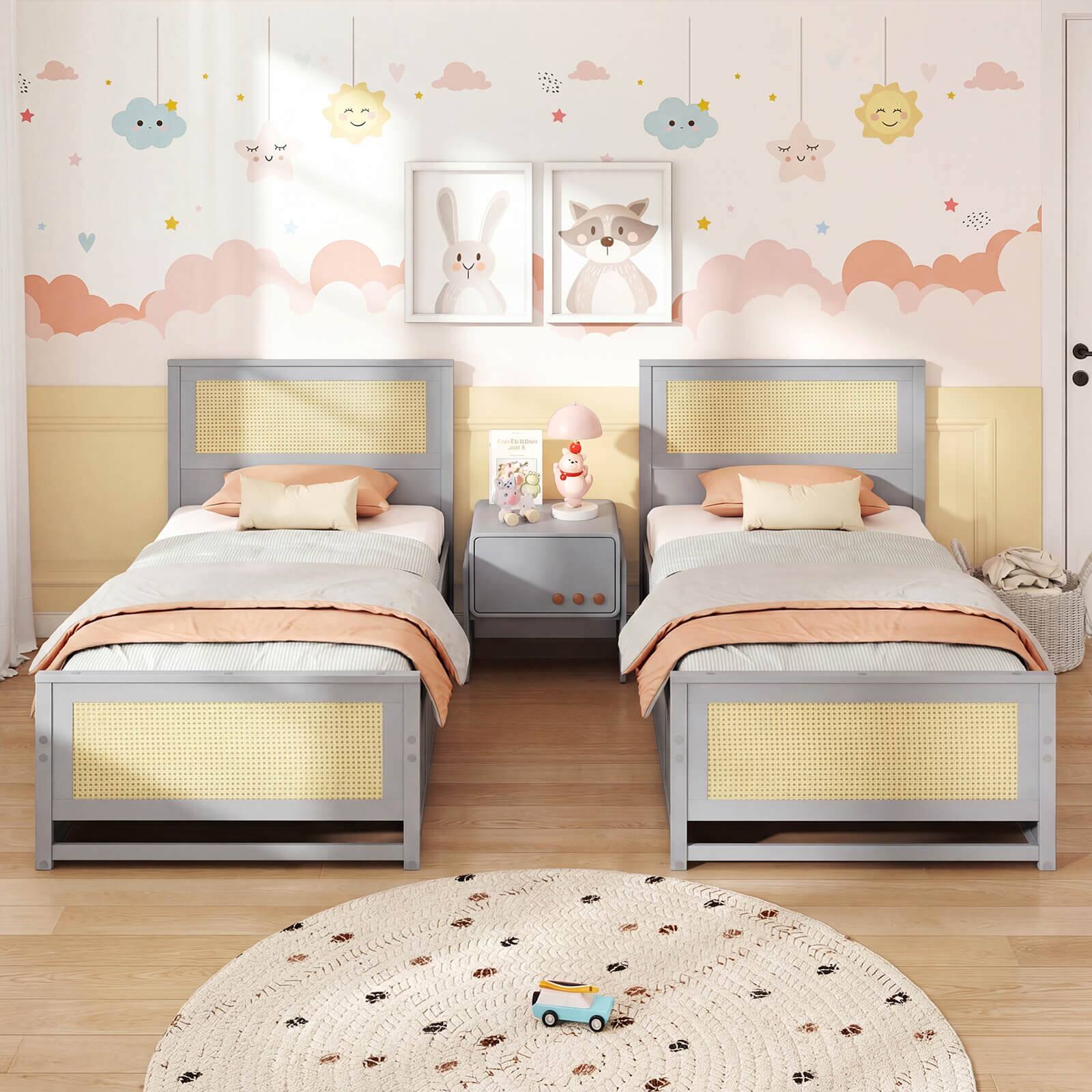Alt View 5. Costway - Costway Twin Size Rattan Bed Frame with Headboard, 2 Storage Drawers & Space - Gray.