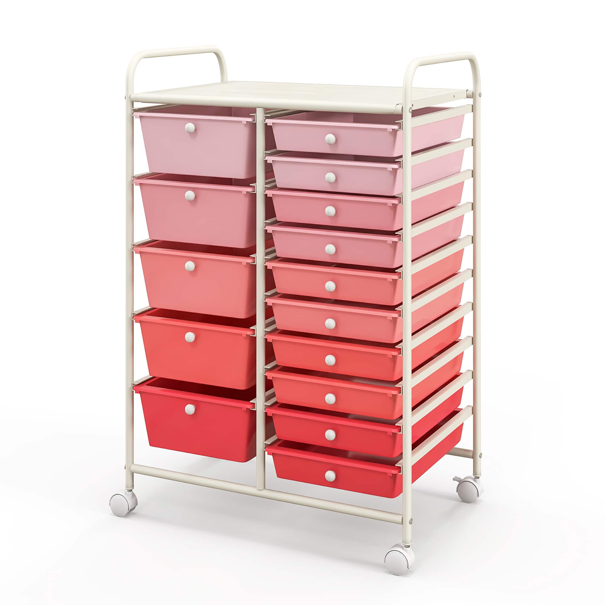 Gymax - 15 Drawer Rolling Storage Cart Opaque Multicolor Drawers Home Organizer Mixed Pink - White, Mixed Pink