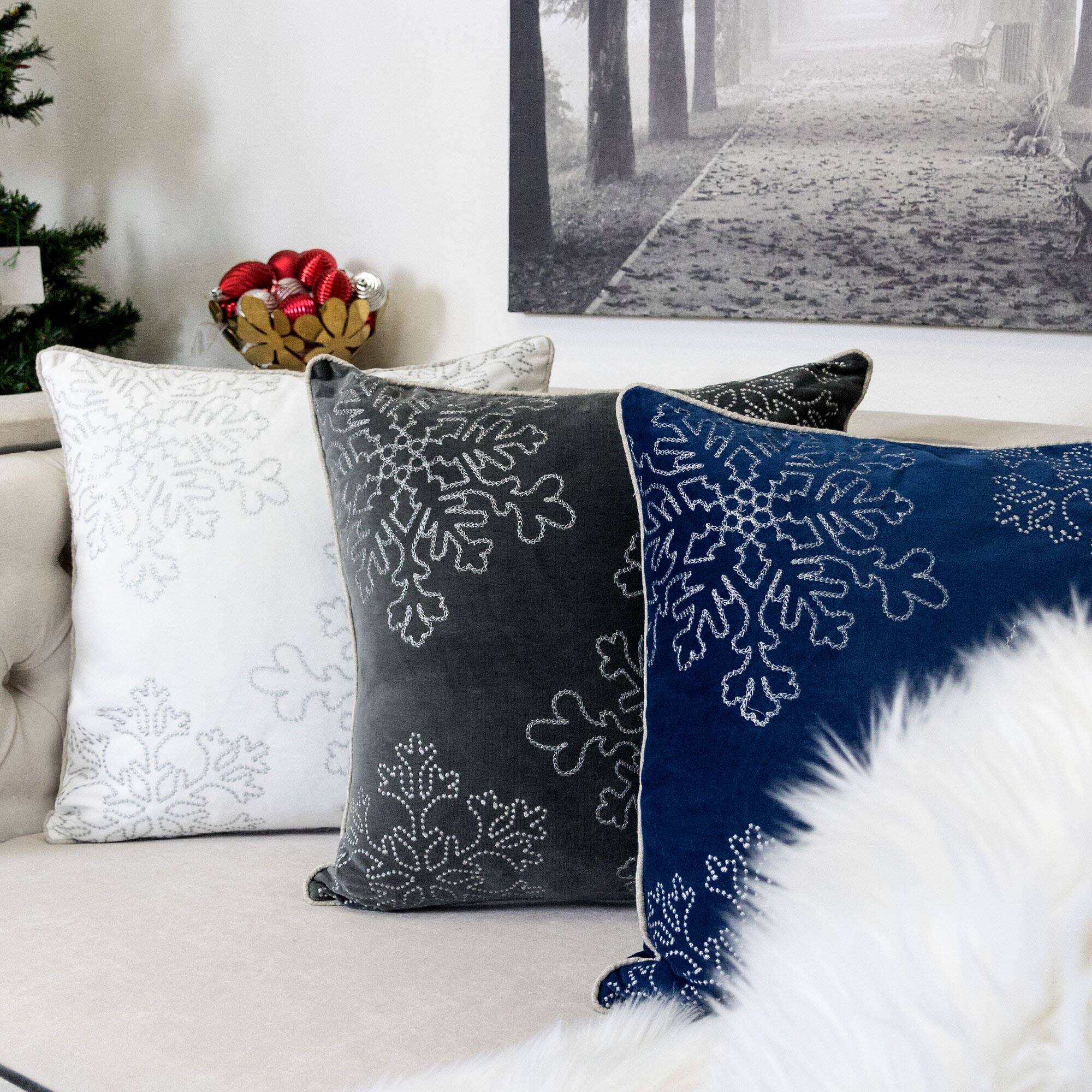 Back. TinyHomie - Blue Velvet Holiday Throw Pillow 20x20 Silver Snowflake Embroidery - Blue.