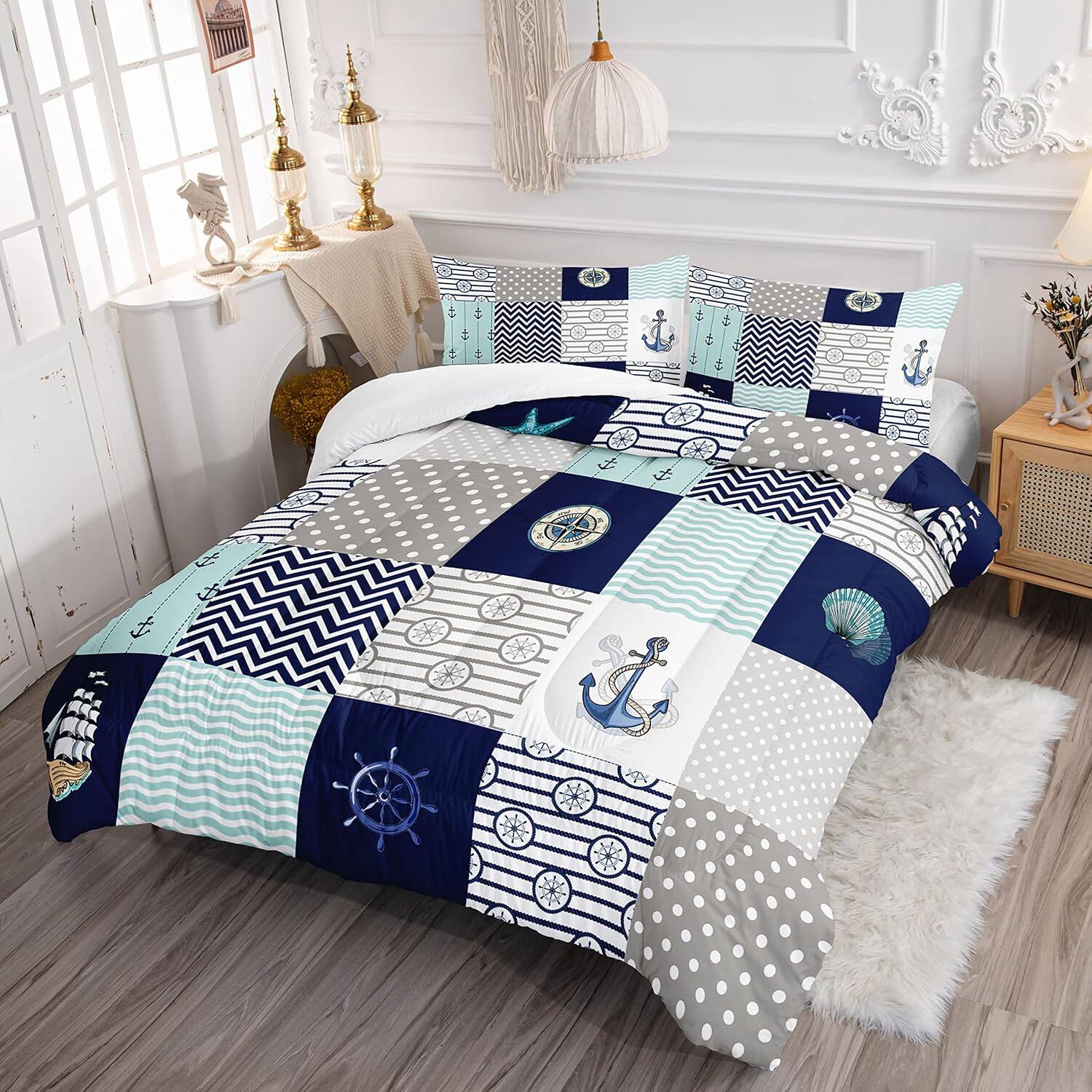 Alt View 3. Wikistore - WIKISTORE Nautical Comforter Set Queen Size Plaid Patchwork Ocean Theme Bedding with 2 Pillow Shams - As Picture.