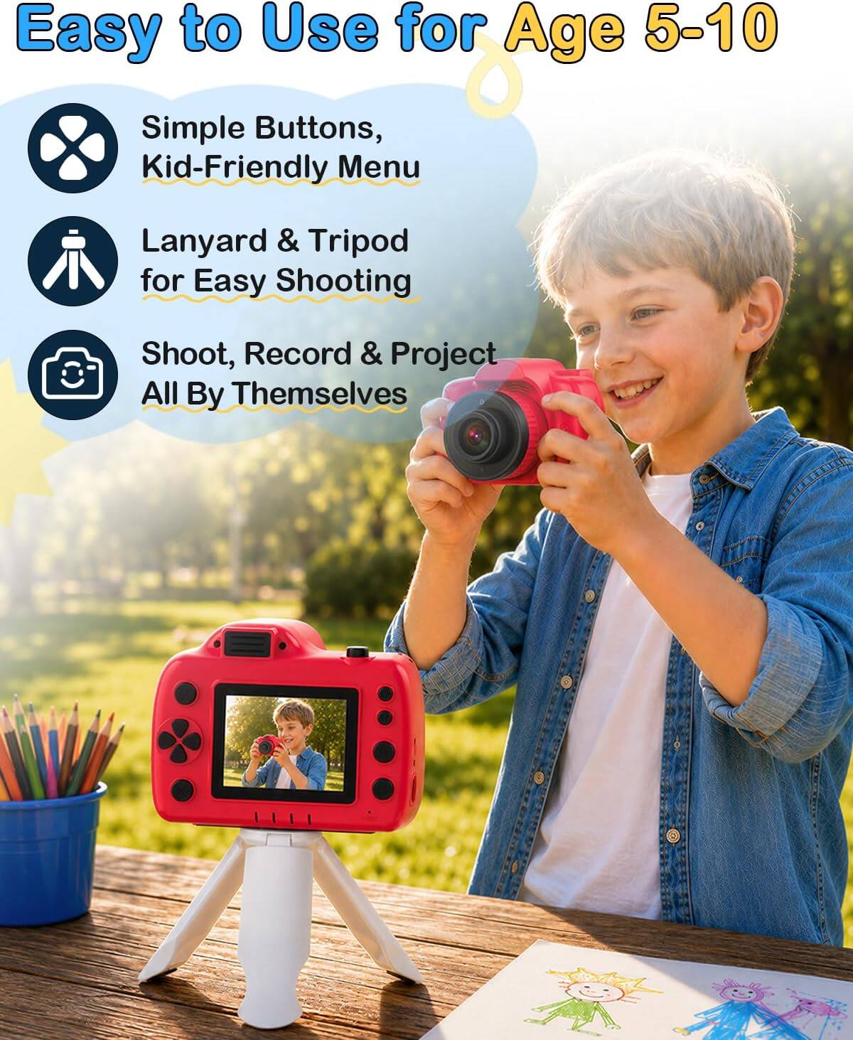 Easy to Use for Age 5-10

Simple Buttons, Kid-Friendly Menu

Lanyard & Tripod for Easy Shooting

Shoot, Record & Project All By Themselves