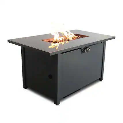 Front. Mondawe - 50,000 BTU Outdoor Gas Fire Pit Table with Smoked Glass Top - Black.