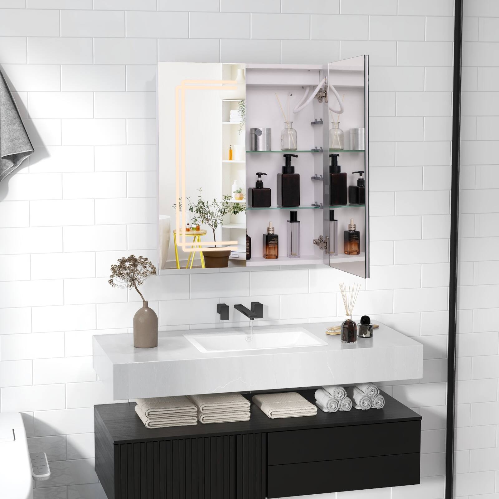 Alt View 4. Gymax - Gymax 23.5 x 27.5 Inch Bathroom Medicine Cabinet w/ Mirror LED Lighted Mirror Cabinet - White.