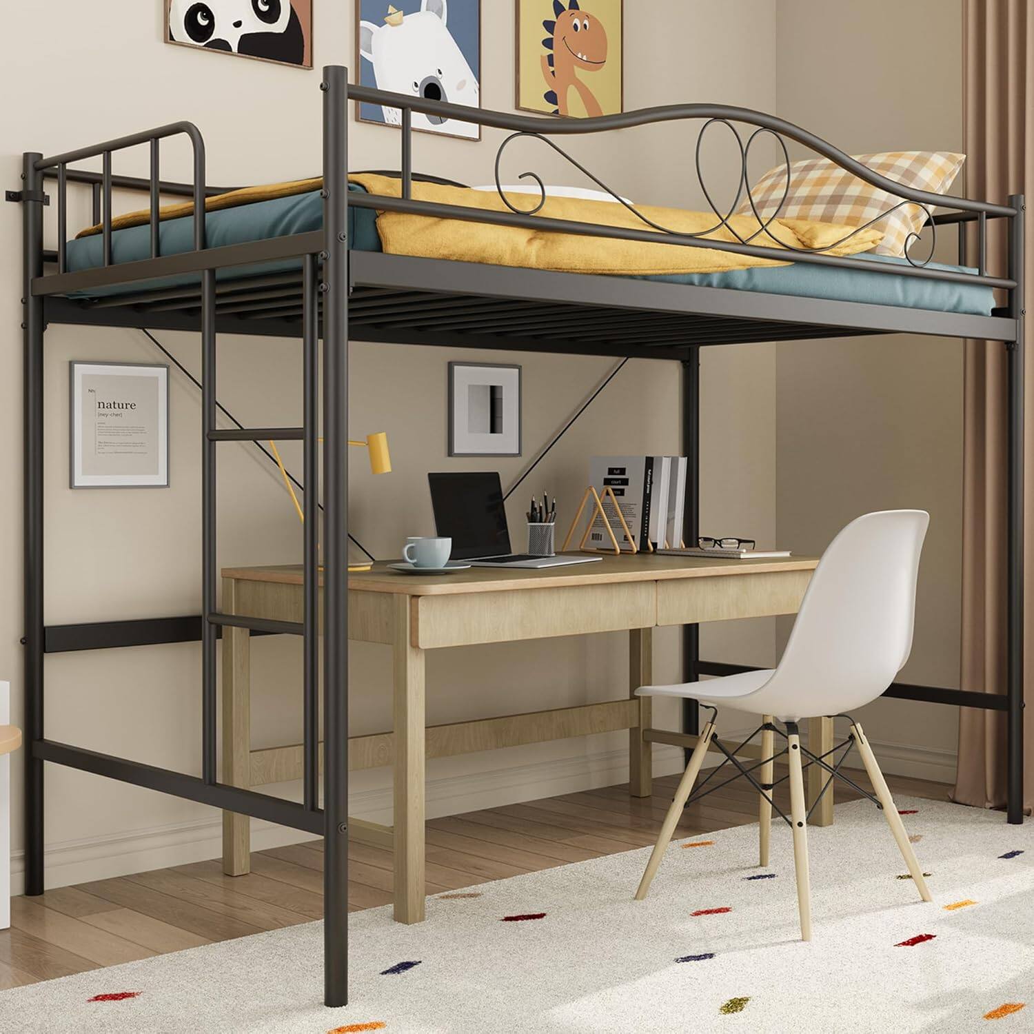 Front. GARVEE - Twin Metal Loft Bed with Ladder & Guardrail, Heavy Duty Space-Saving Bed Frame, Noise-Free, No Box Spring Needed, Black - Black.