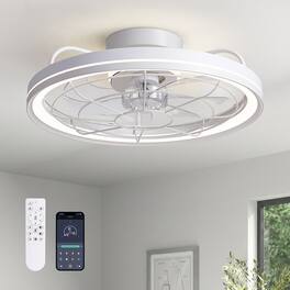 Siljoy - 19 Inch Farmhouse Caged Ceiling Fan Light with Dimmable Strip LED and Remote Control for Bedroom Living Room - White