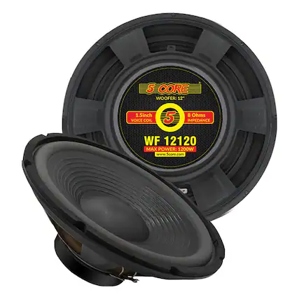 5 CORE WOOFER: 12" 1.5inch VOICE COIL 5 8 Ohms IMPEDANCE WF 12120 MAX POWER: 1200W www.Score.com
