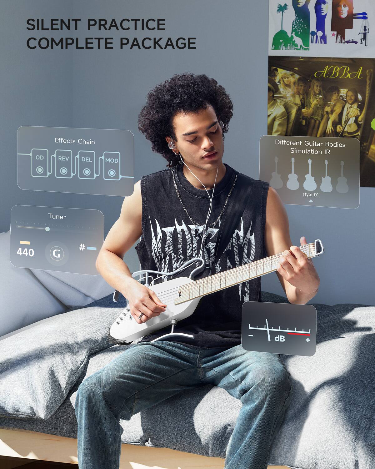 SILENT PRACTICE COMPLETE PACKAGE, ABBA, Effects Chain, REV, DEL, MOD, Different Guitar Bodies, Simulation IR, style 01, Tuner, 440, G, #, - dB, +