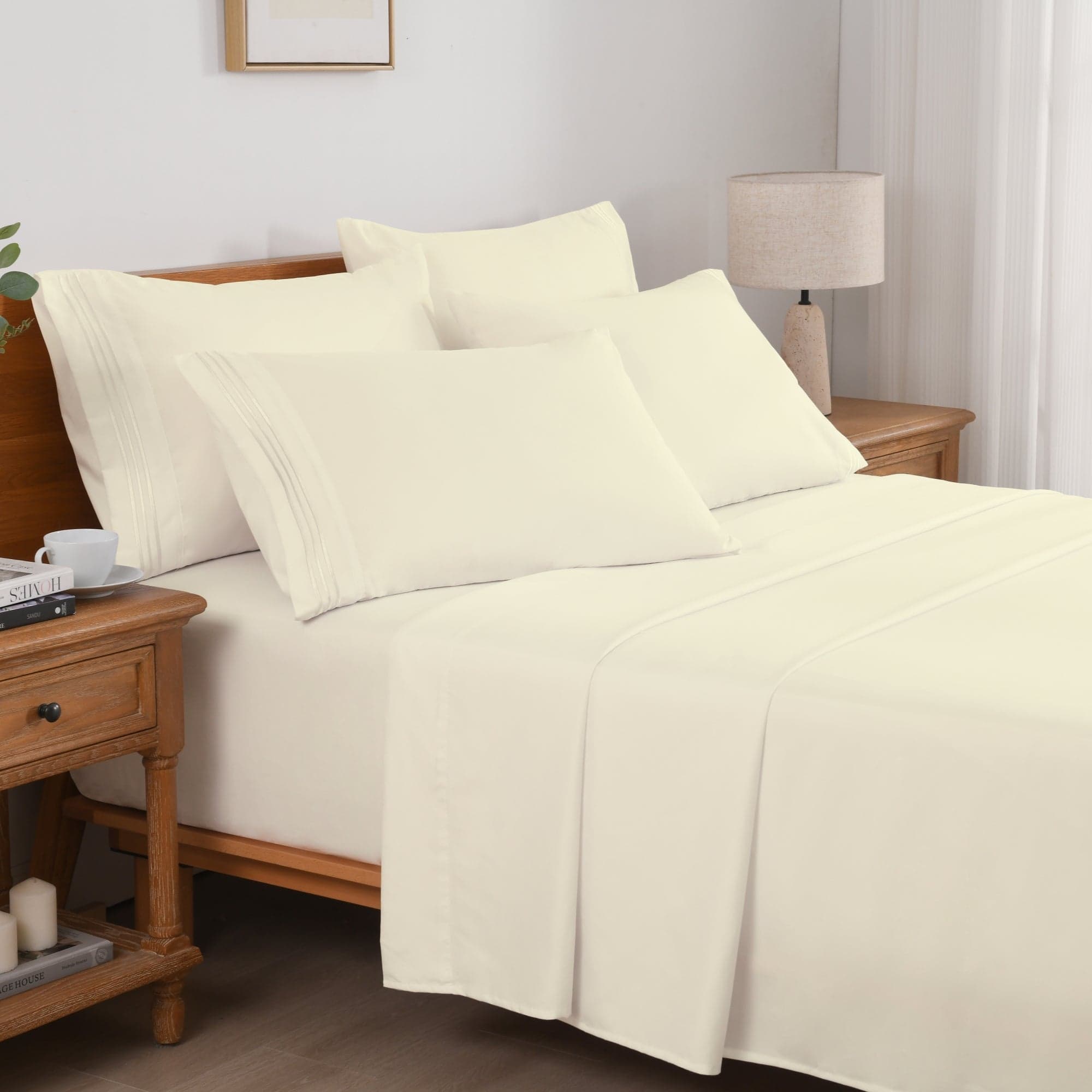 MarCielo - 4/6 Pcs Soft Solid & Embroidery Bed Sheets Set - Cream