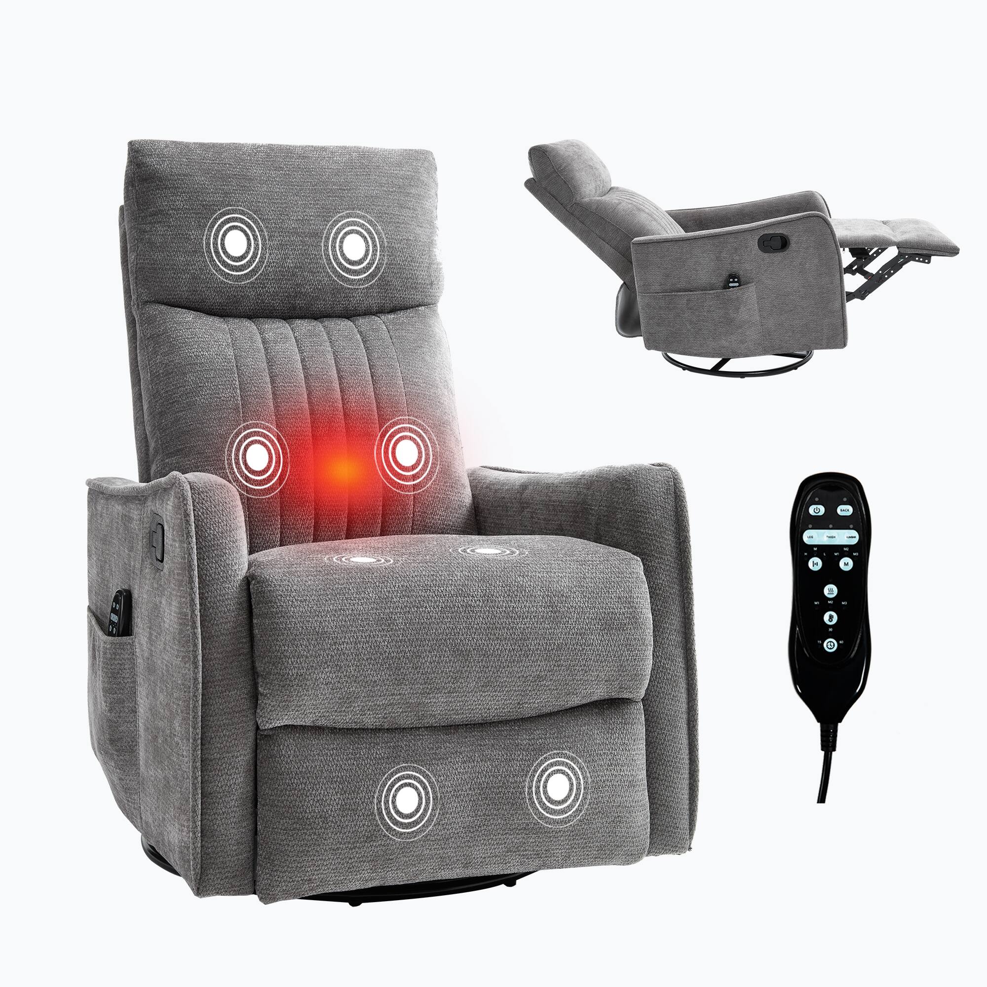 Angle. PexFix - Heat Massage Manual Recliner Chair with Rocker and Swivel in Chenille for Living Room - Dark Gray.