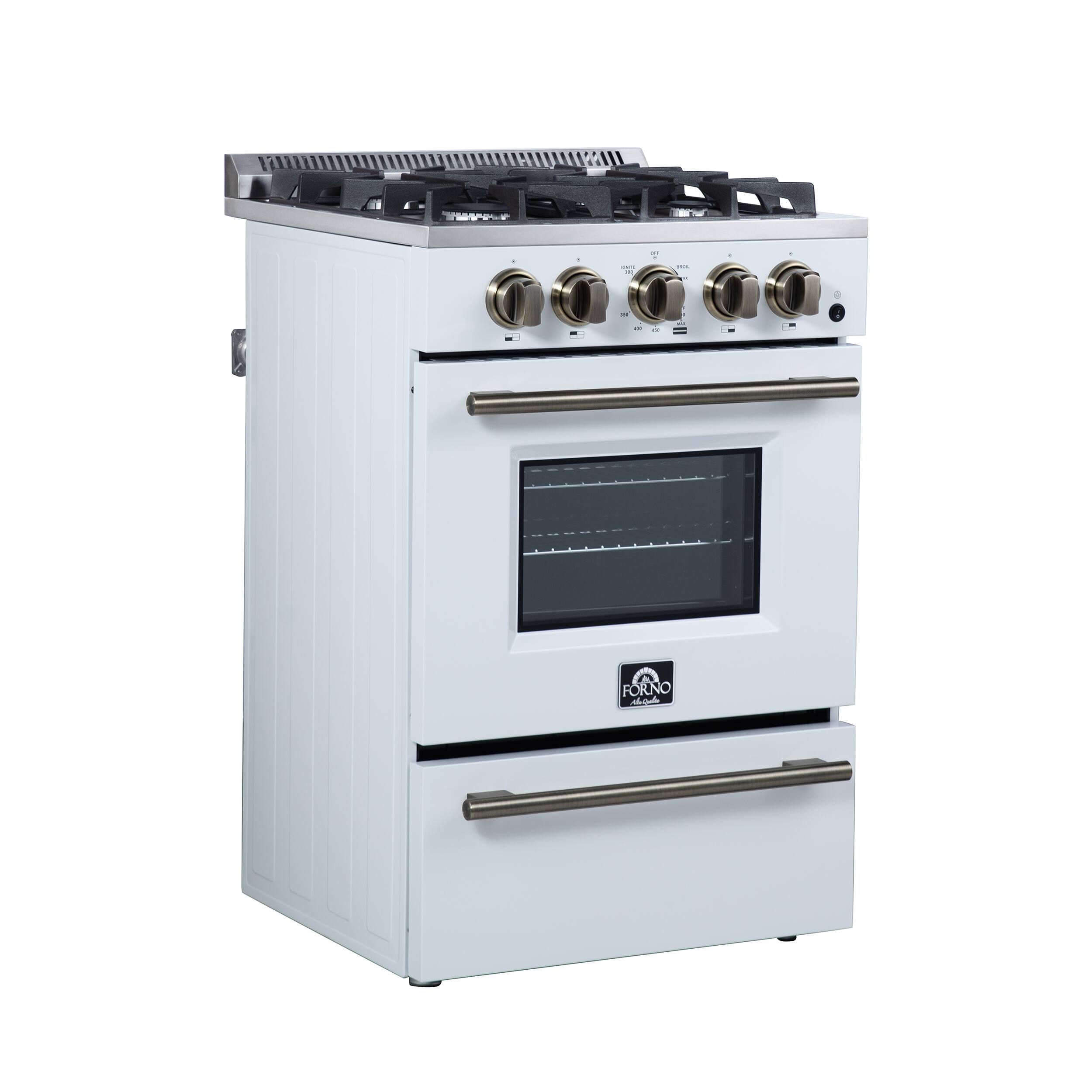 Left. Forno Appliances - Breno 2.3 Cu. Ft. Freestanding Gas Range with Antique Brass Accents - White.