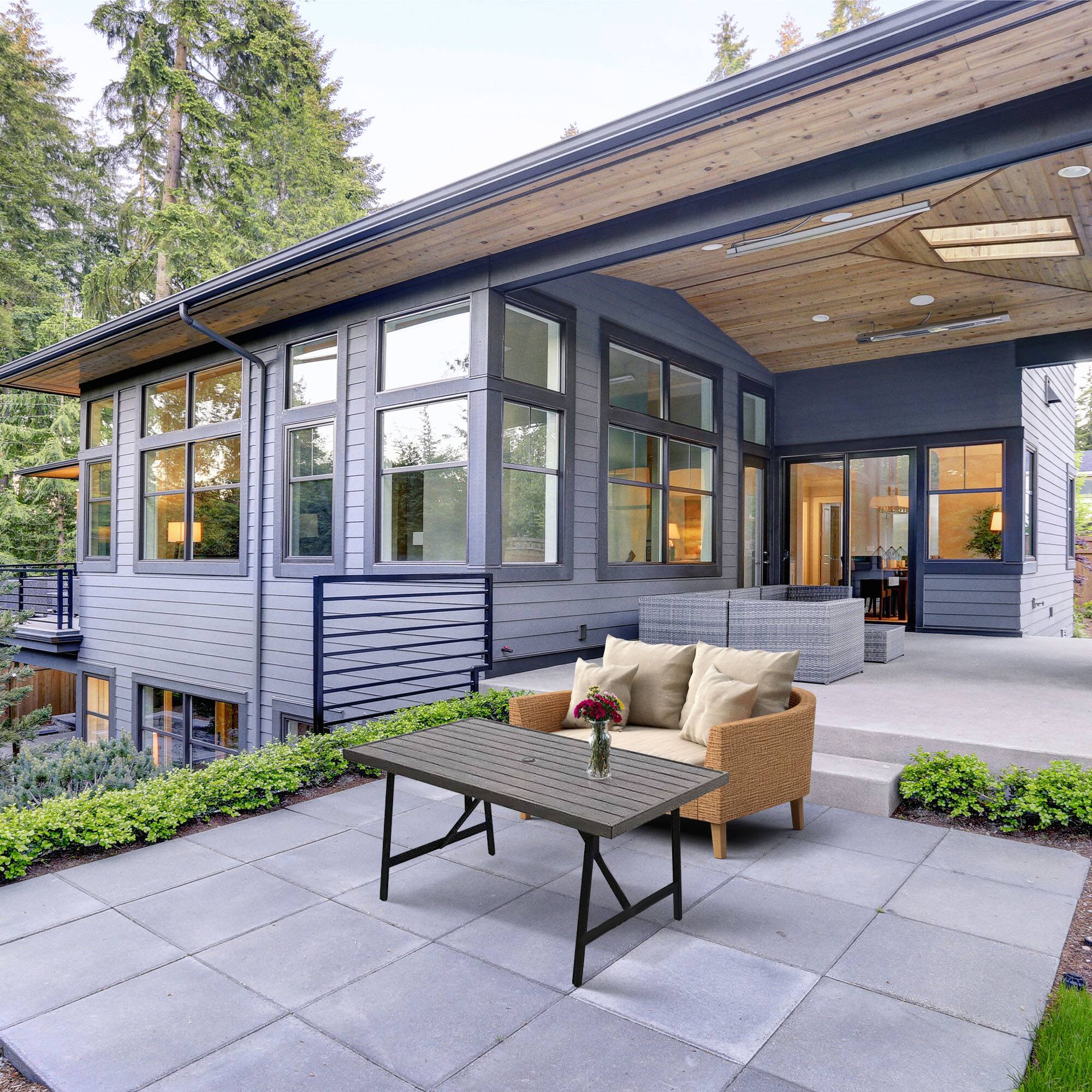 Alt View 2. Four Seasons Courtyard - Four Seasons Courtyard Norwalk Slat Top Aluminum All Weather Patio Dining Table - Gray.