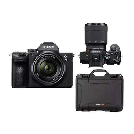 The image features a Sony camera and lens, with the lens attached to the camera. The camera is positioned next to a black case, which is likely used for carrying the equipment. The camera and lens are displayed prominently, with the lens being the focal point of the image.