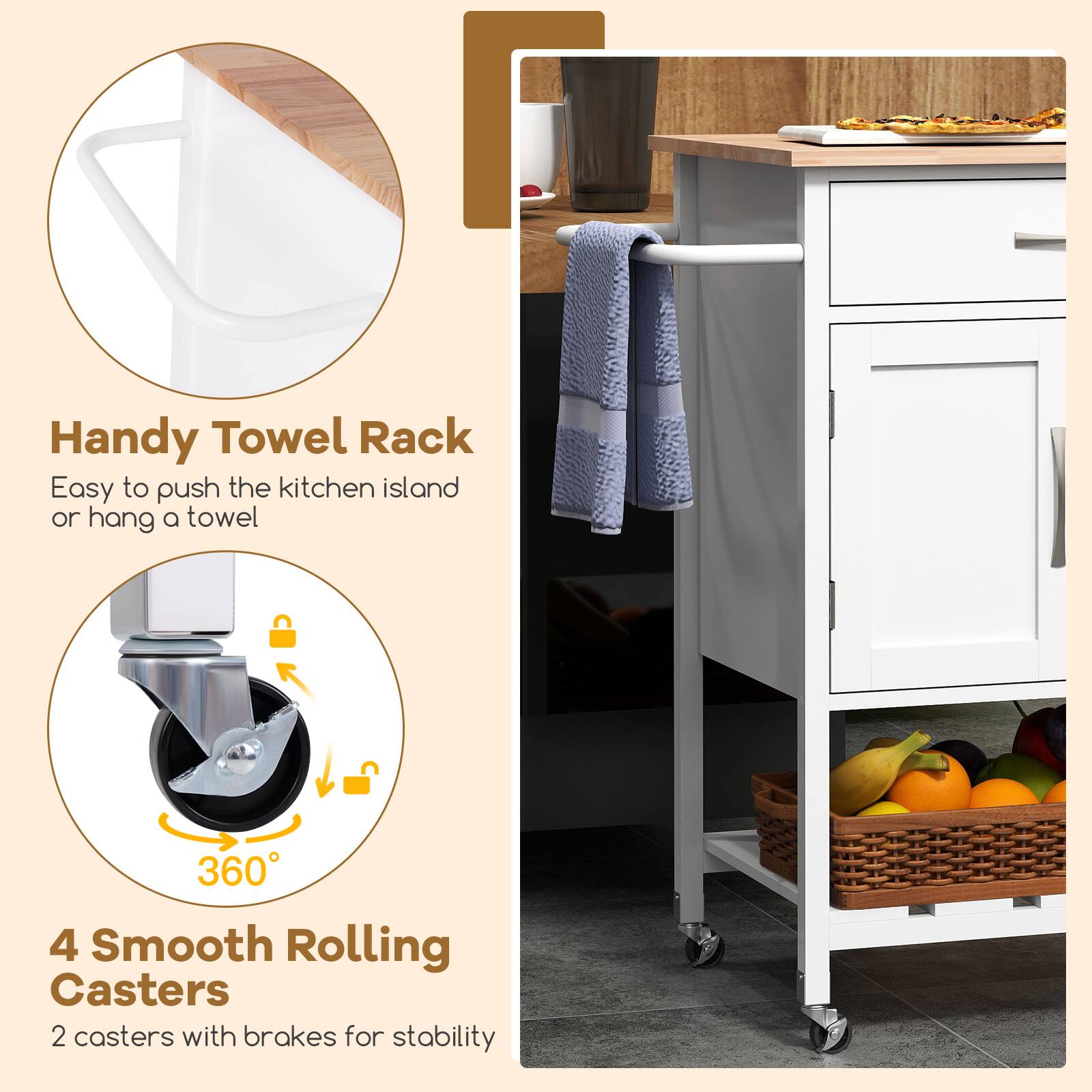 Handy Towel Rack: Easy to push the kitchen island or hang a towel

4 Smooth Rolling Casters: 2 casters with brakes for stability