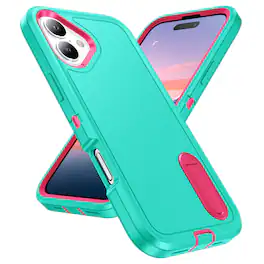 Dteck - Heavy Duty Case for Apple iPhone 17 with Foldable Kickstand,Dual-Layer Shockproof Hard PC Soft Silicone Hybrid Cover - F