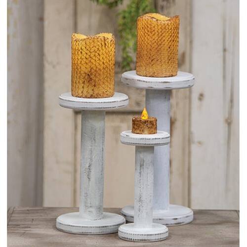 Angle. BreeBe - Farmhouse White Spool Candle holder 9.5" - White.