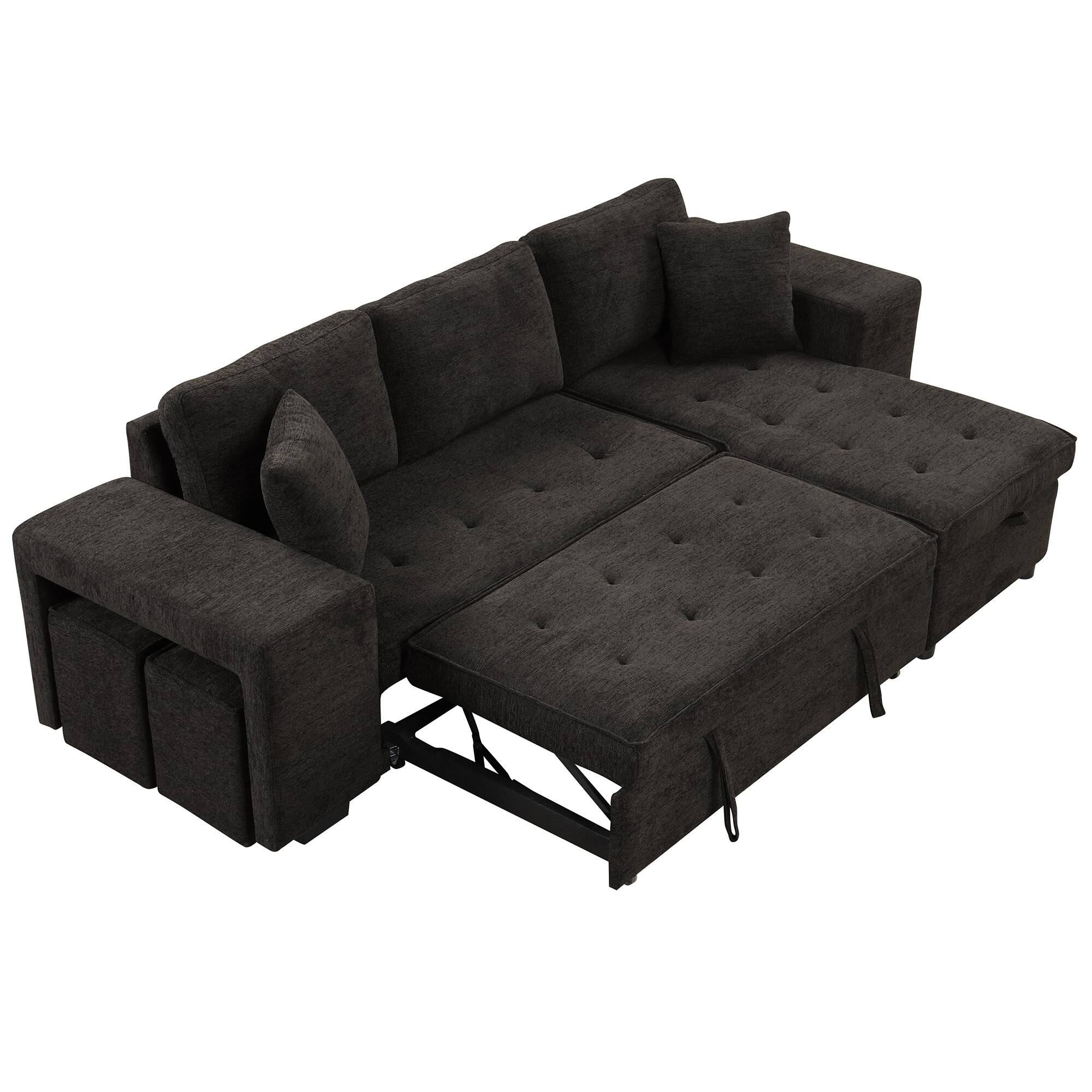 Back. LUCKY ONE - 104.5" L-Shape Reversible Pull-Out Sleeper Sectional Sofa with Storage Chaise & 2 Stools - Charcoal grey.