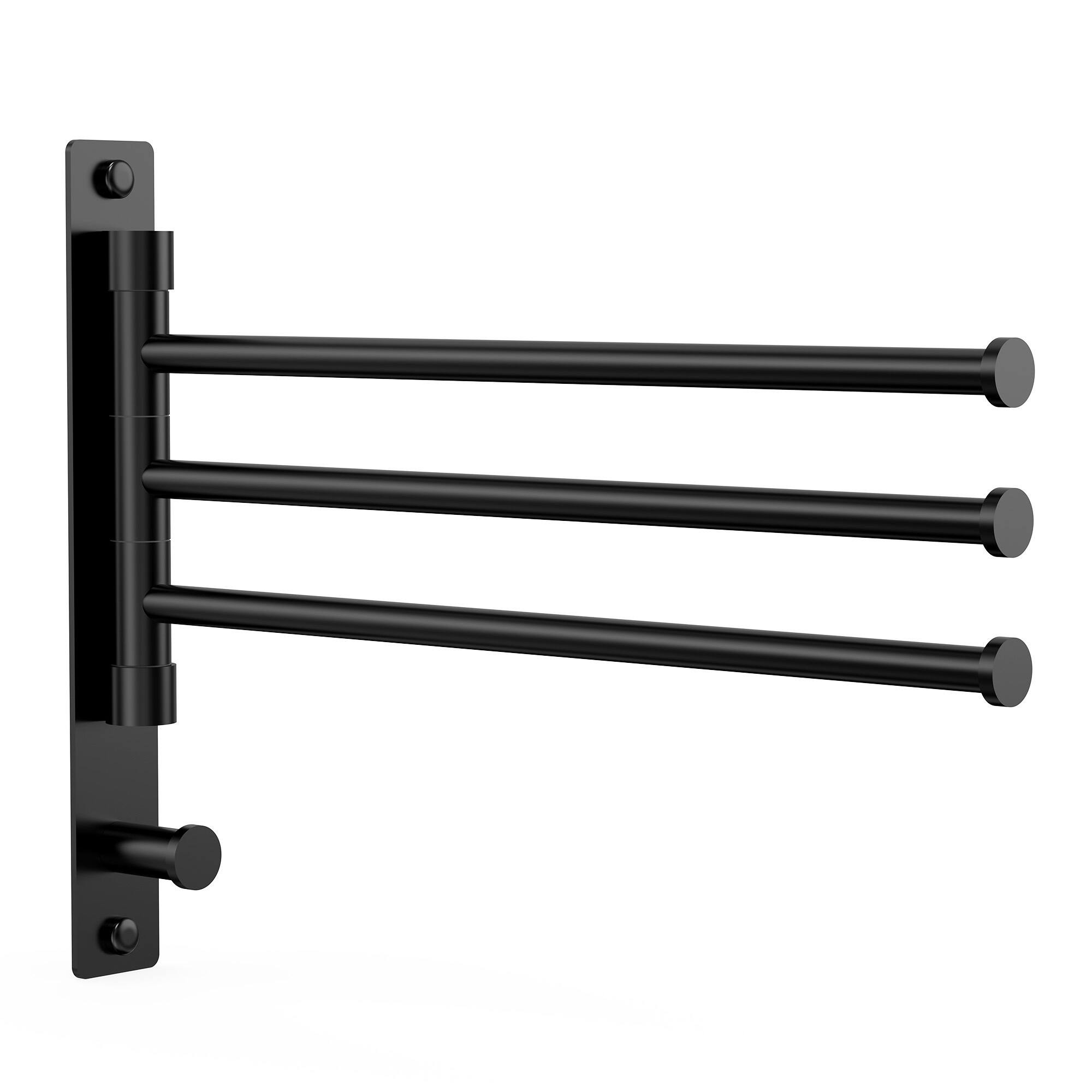 Front. GRANDJOY - 3-Arm Swivel Towel Bar Wall Mount 180-Degree Rotating Holder 23.6 Inch Stainless Steel Bathroom Organizer - Matte Black.