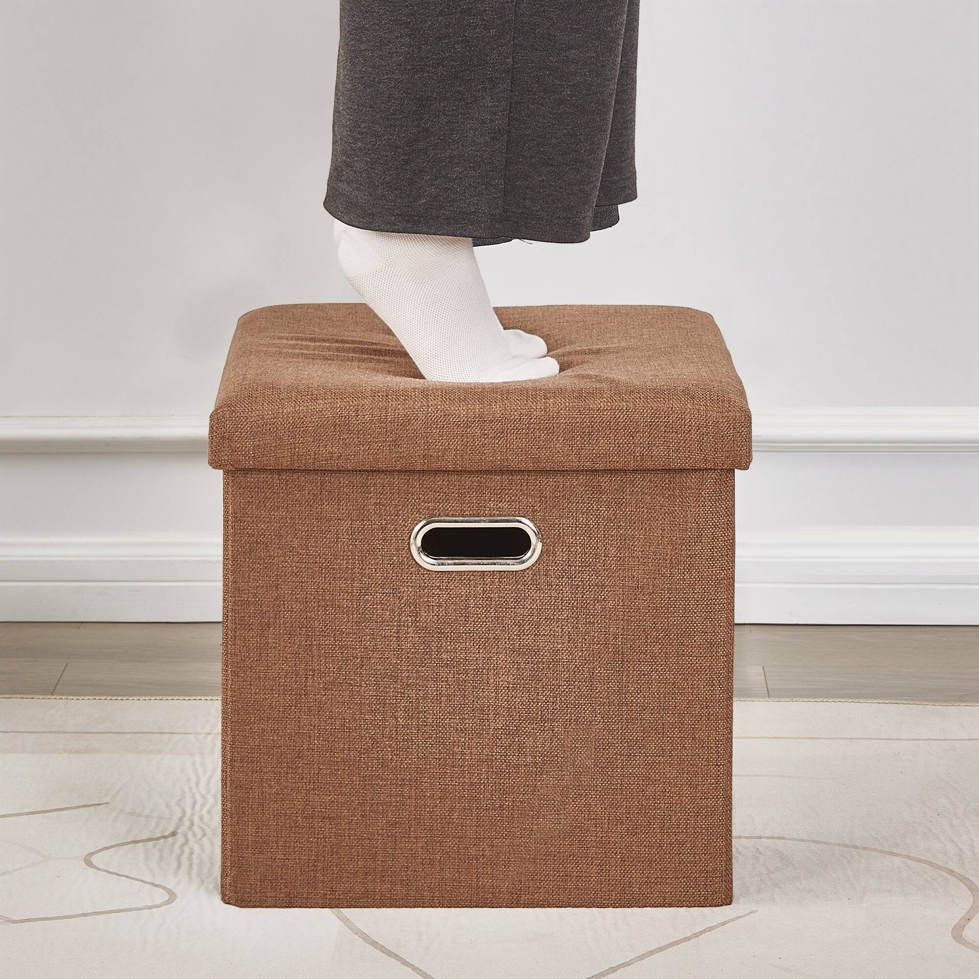 Left. Vecelo - 15" Storage Ottoman Bench with Lid, Folding Ottoman Bench, Linen Storage Bench for Bedroom Living Room - Brown.