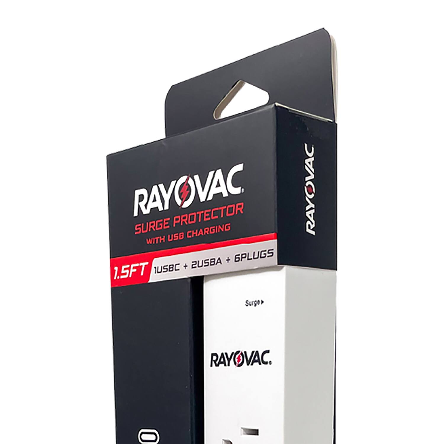 RAYOVAC SURGE PROTECTOR WITH USB CHARGING  
1.5FT  
1USBC + 2USB + 6PLUGS  
RAYOVAC