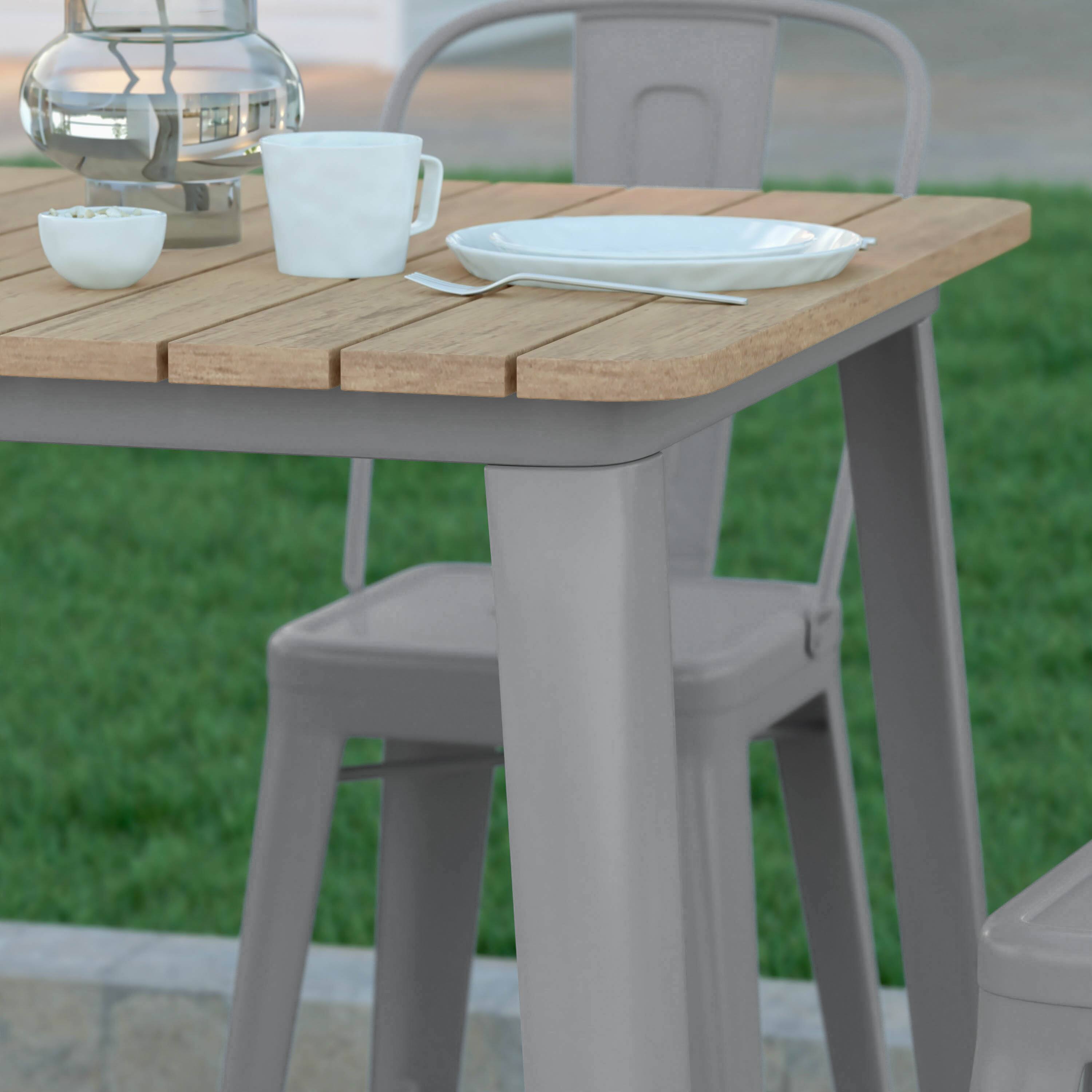 Alt View 4. Emma + Oliver - Drew Indoor/Outdoor Bar Top Table, 31.5" Square All Weather Poly Resin Top with Steel base - Brown Top/Silver Frame.