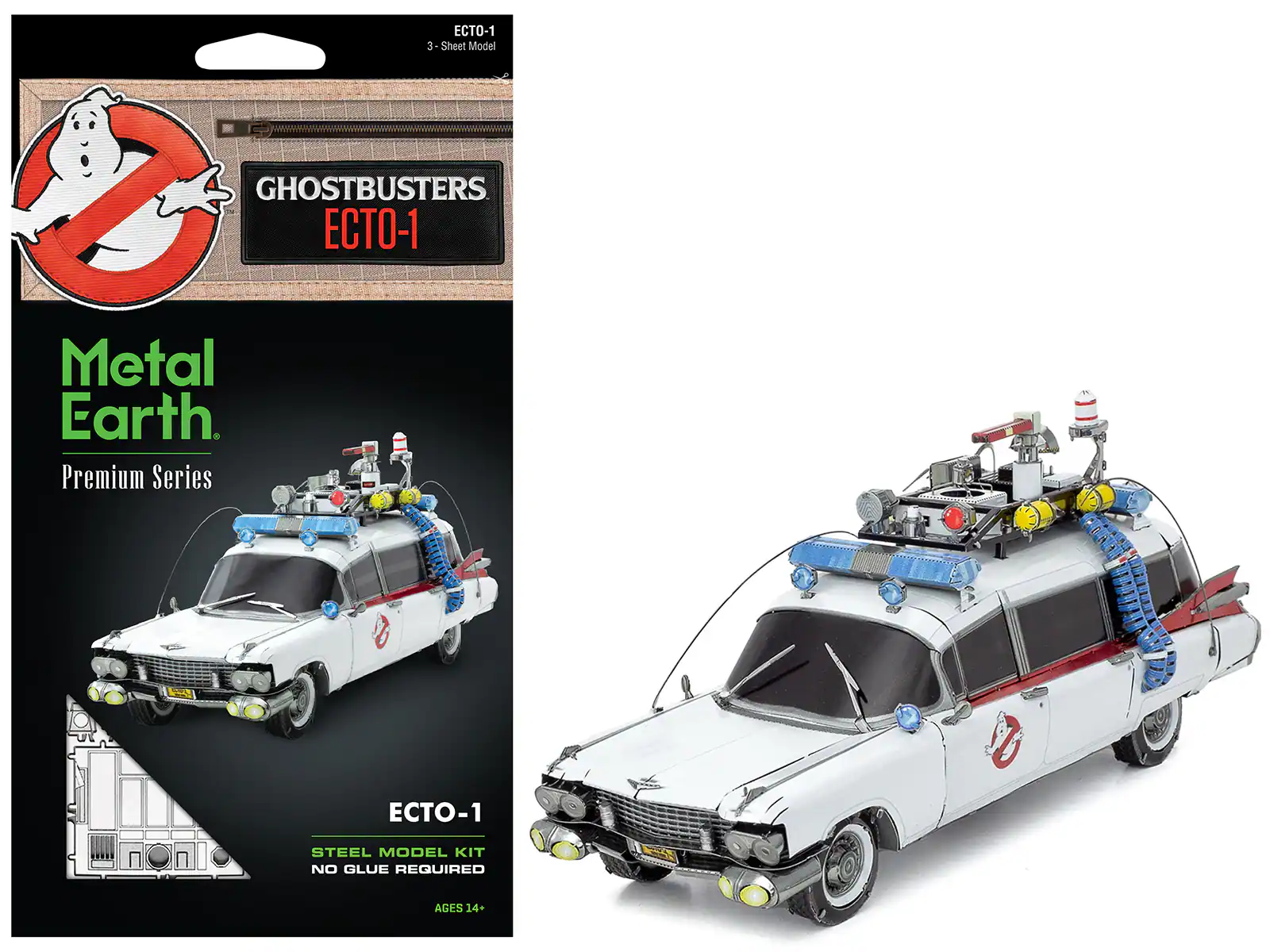 GHOSTBUSTERS  
ECTO-1  

Metal Earth  
Premium Series  

ECTO-1  
STEEL MODEL KIT  
NO GLUE REQUIRED  
AGES 14+  

ECTO-1  
3-Sheet Model