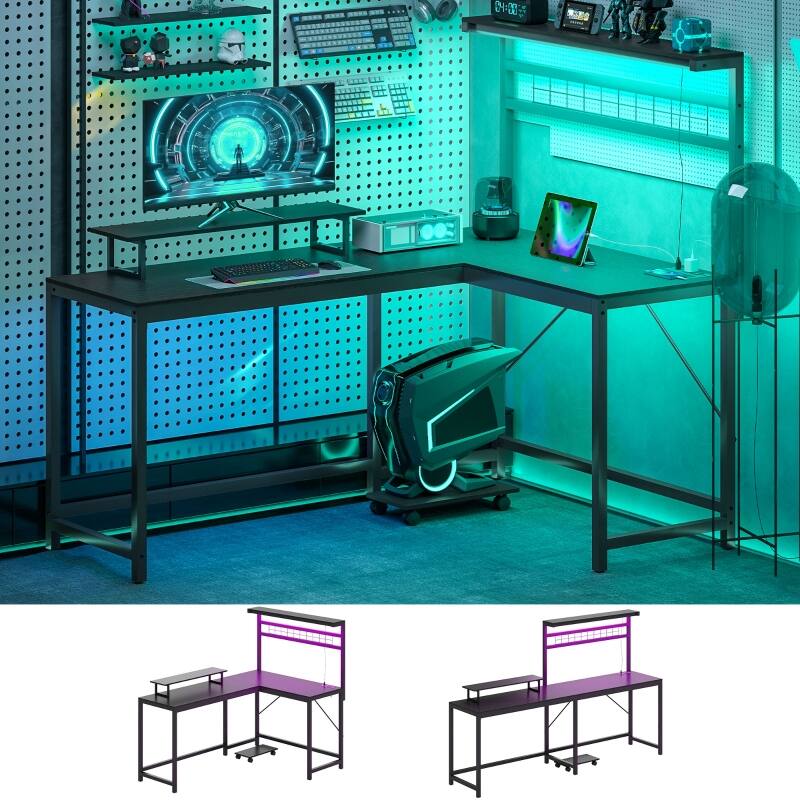 Angle. Anysun - 61.6" L Shaped Gaming Desk with Power Outlets & LED Lights, Monitor Stand & CPU Shelf for Gaming or Home Office - Black.