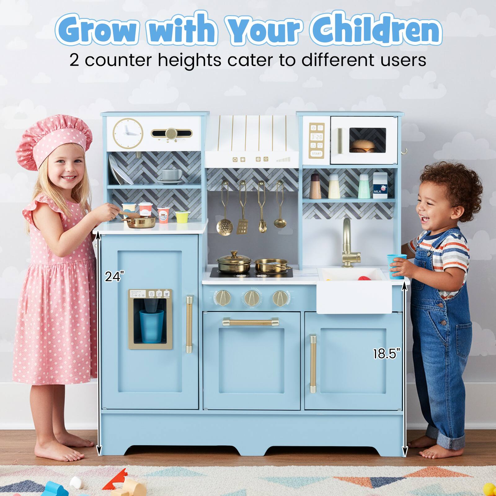 Grow with Your Children  
2 counter heights cater to different users  
24"  
18.5"