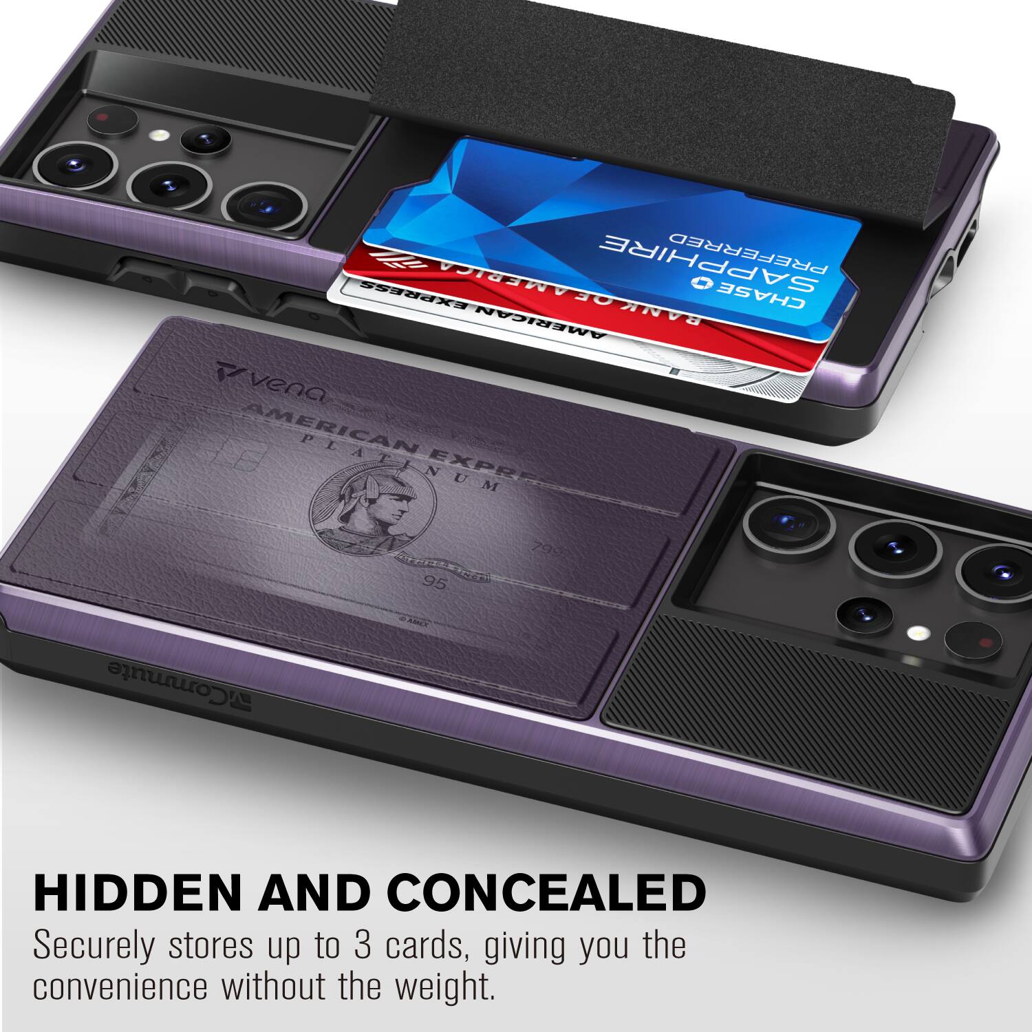 PREFERRED OF AMERICA  
O EXPRESS O CHASE AMERICAN BANK  
vena AMERICAN PLATINUM  
NUM EXPR 799 CIREET 95  

Commute  
HIDDEN AND CONCEALED  
Securely stores up to 3 cards, giving you the convenience without the weight.