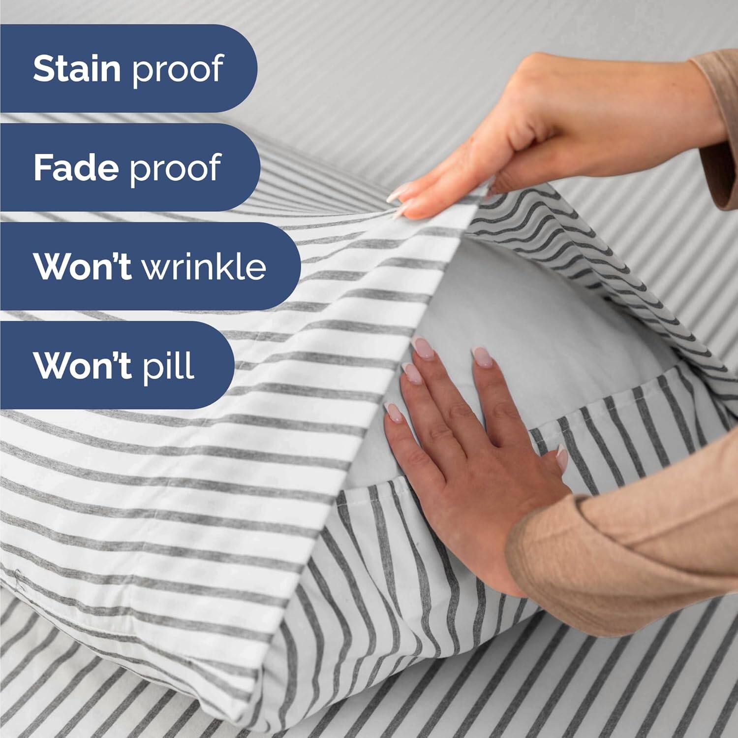 Stain proof  
Fade proof  
Won't wrinkle  
Won't pill