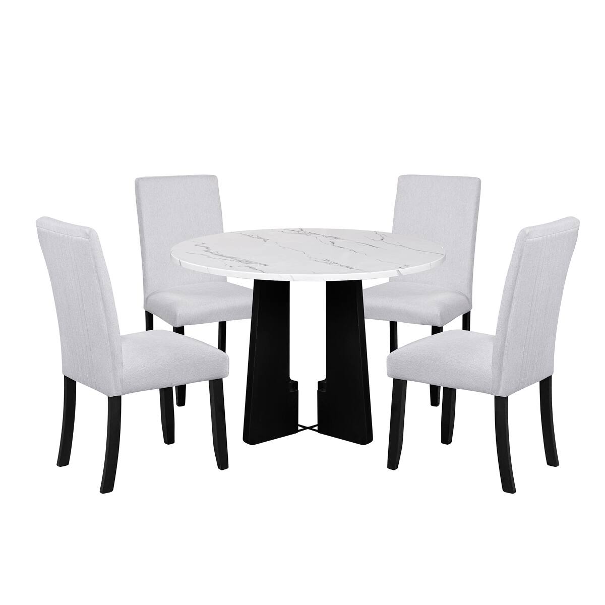 Back. Loheer - Loheer 5 Piece Round Dining Table Set with Upholstered Chairs, 43 Inch Modern Dining Set for Four - Beige and White.