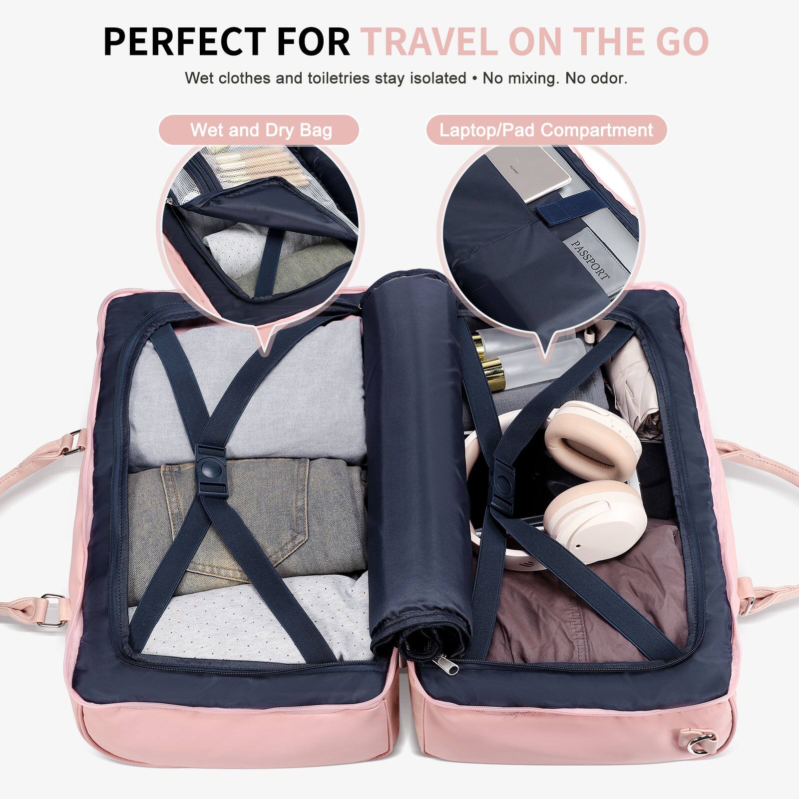 PERFECT FOR TRAVEL ON THE GO

Wet clothes and toiletries stay isolated • No mixing. No odor.

Wet and Dry Bag

Laptop/Pad Compartment