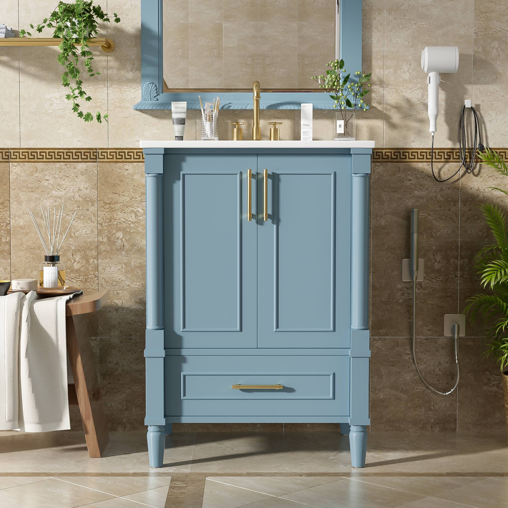 Angle. Whisen - 24" Bathroom Vanity Cabinet with Sink Drawer Adjustable Shelf and Soft-Close Hinges Small Storage - Indigo Blue.