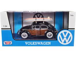 1966 Volkswagen with Wood Panels and Two Surfboards on Roof Rack 1/24 Diecast Model Car by Motormax - Beetle Black