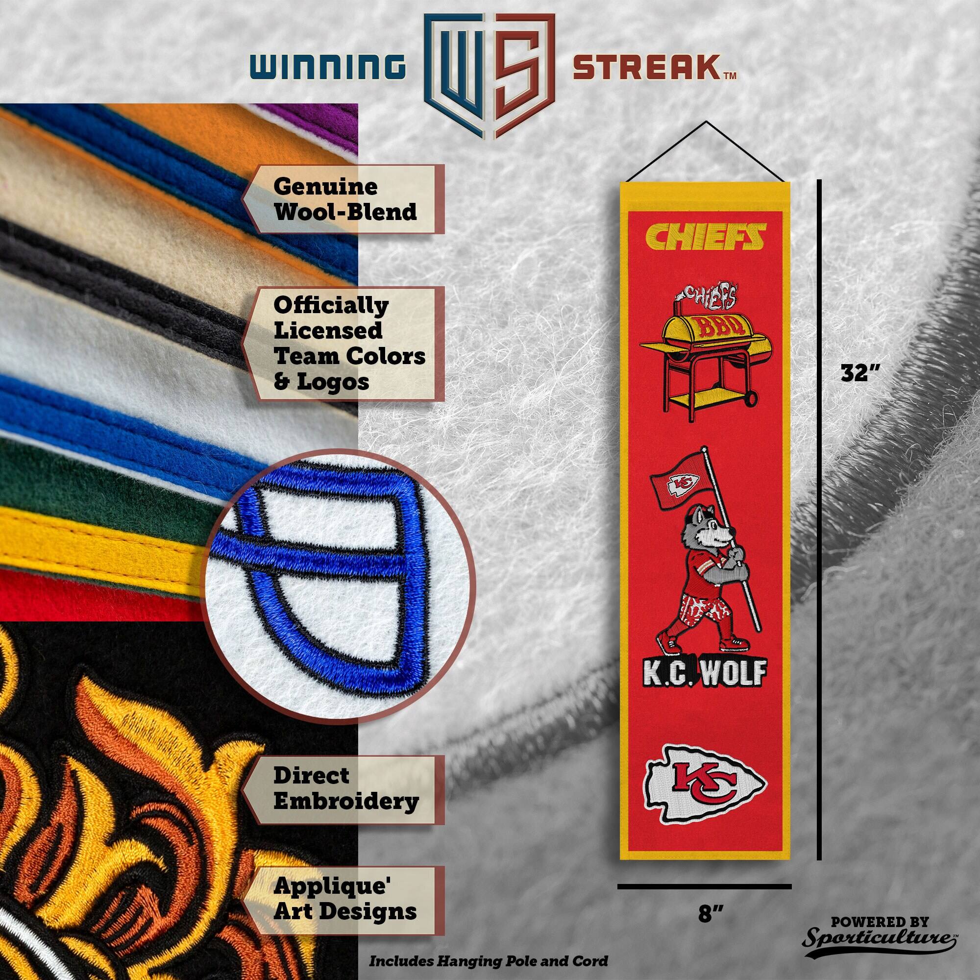 WINNING U 5 STREAK™ Genuine Wool-Blend CHIEFS Officially Licensed Team Colors & Logos CHIEFS BBQ 32" K.C. WOLF Direct Embroidery KS Applique' Art Designs Includes Hanging Pole and Cord 8" POWERED BY Sporticulture